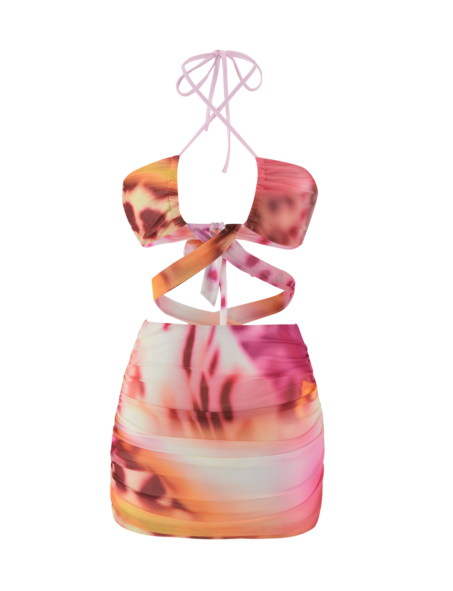 The TIGERMIST ZARIAH MINI DRESS - MACRO ORCHID is a sleeveless mesh bodycon mini with pink, orange, and white abstract patterns, criss-cross halter straps, and multiple front and side cutouts.