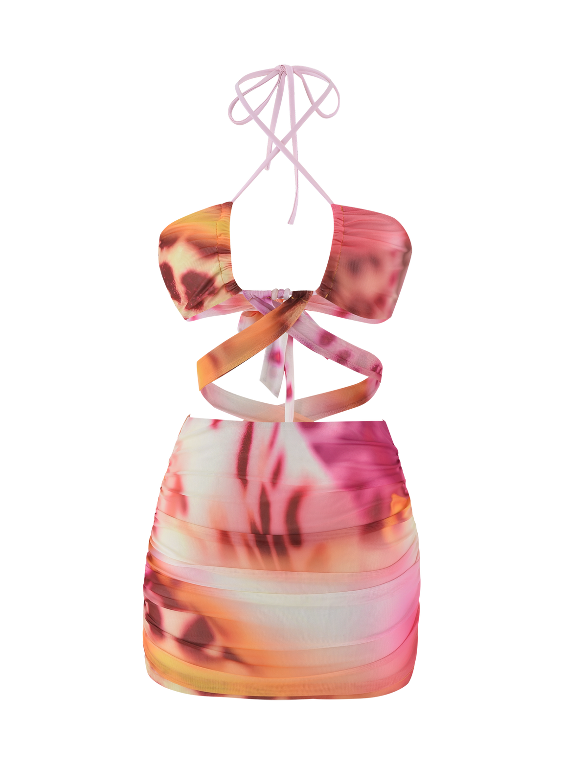 The TIGERMIST ZARIAH MINI DRESS - MACRO ORCHID is a sleeveless mesh bodycon mini with pink, orange, and white abstract patterns, criss-cross halter straps, and multiple front and side cutouts.
