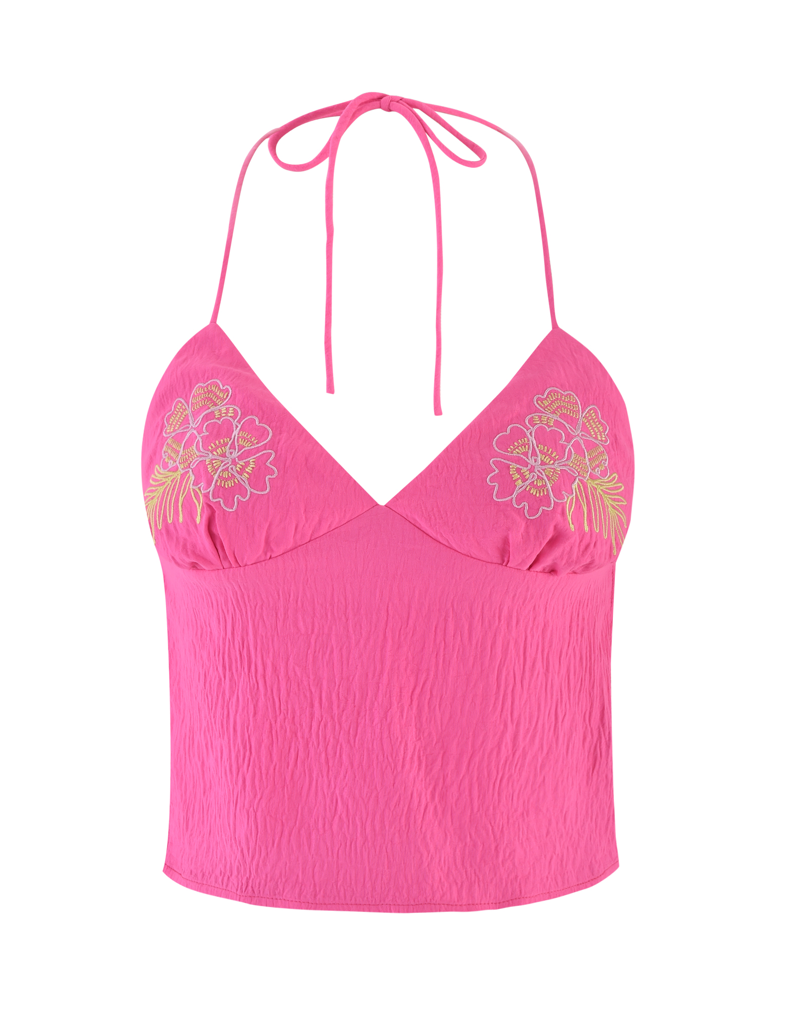 The KAELAH TOP - HOT PINK by TIGERMIST features a textured fabric, open back, and light yellow floral embroidery on both sides of the chest.