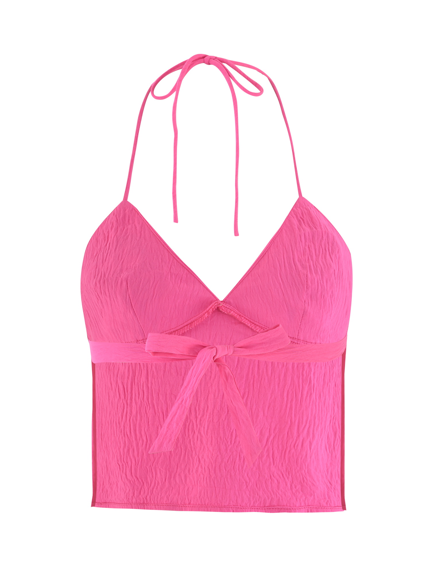 The KAELAH TOP - HOT PINK by TIGERMIST is a vibrant halter top with a V-neckline, open back, and waist tie. Lightweight, crinkled fabric and neck straps complete this statement piece.