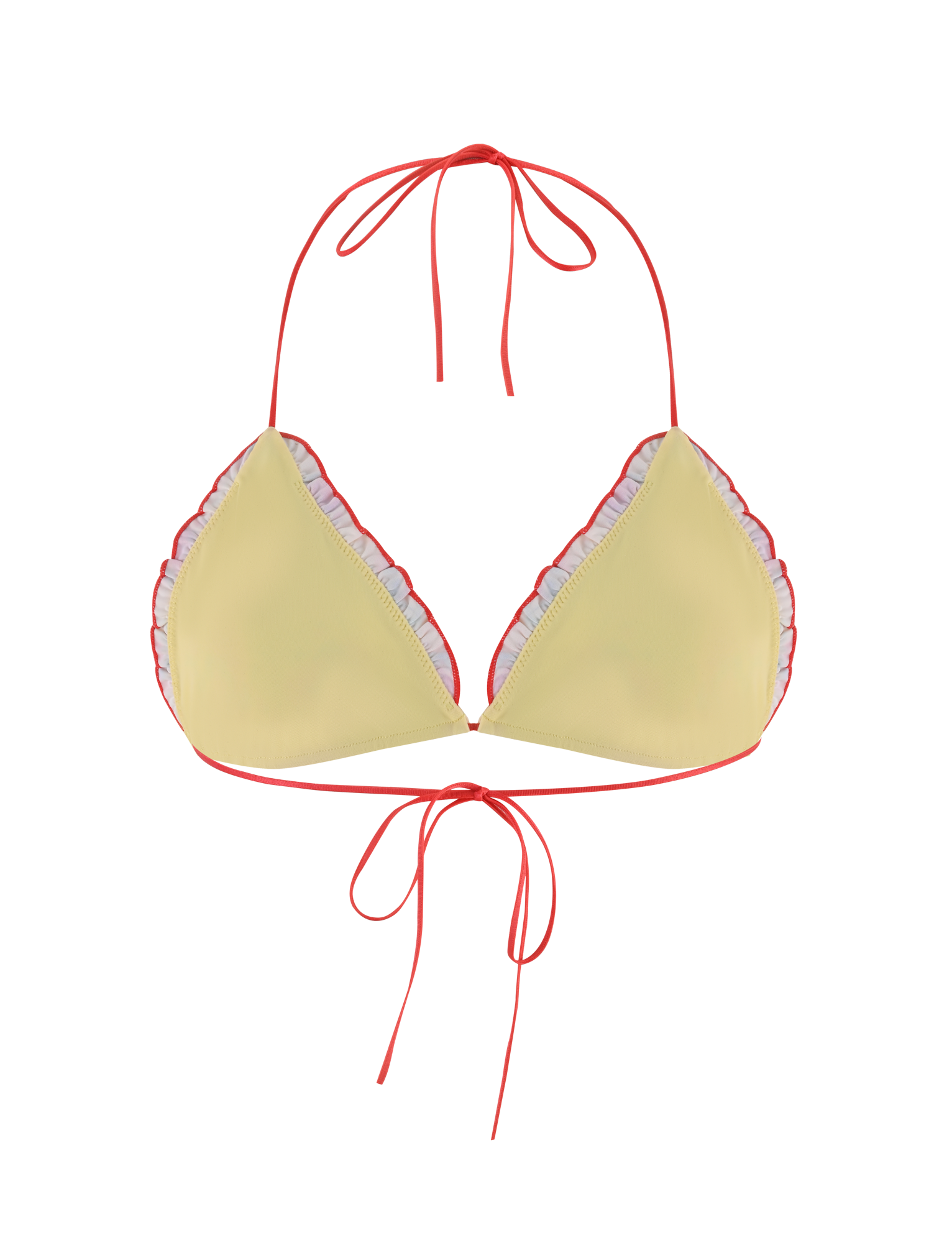 The AMALIE BIKINI TOP - SUMMER BLOSSOM by TIGERMIST features a yellow triangle design with light blue ruffled trim and red halter neck and back ties, shown against a plain background.