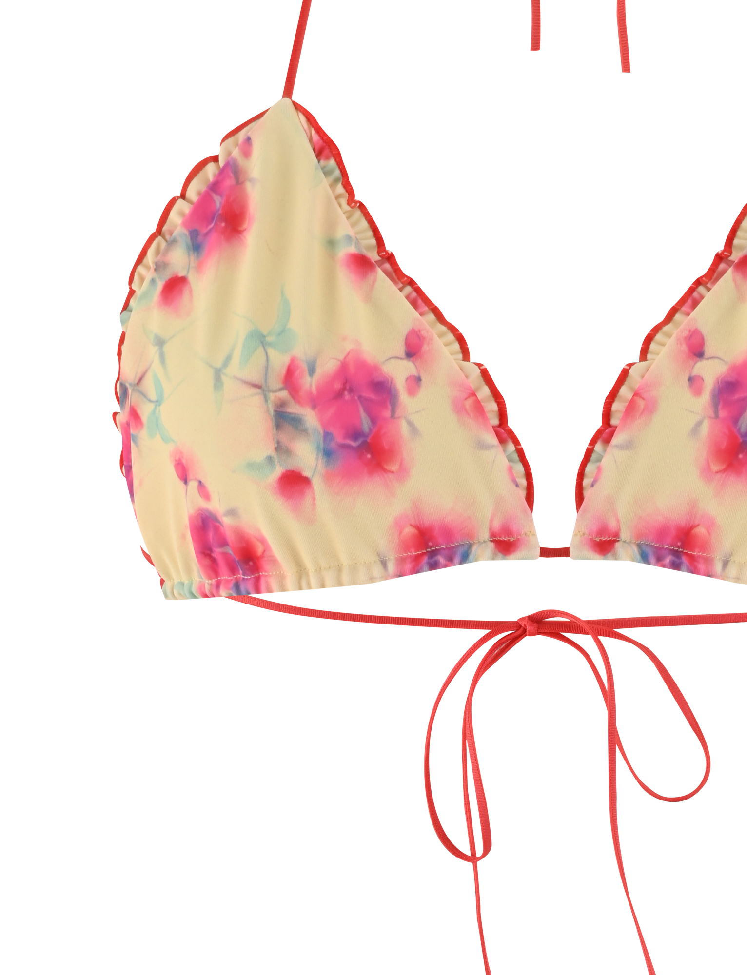 The AMALIE BIKINI TOP - SUMMER BLOSSOM by TIGERMIST features a bodycon fit, adjustable halter straps, a center decorative bow, and a floral print with pink and purple flowers on a light yellow background.