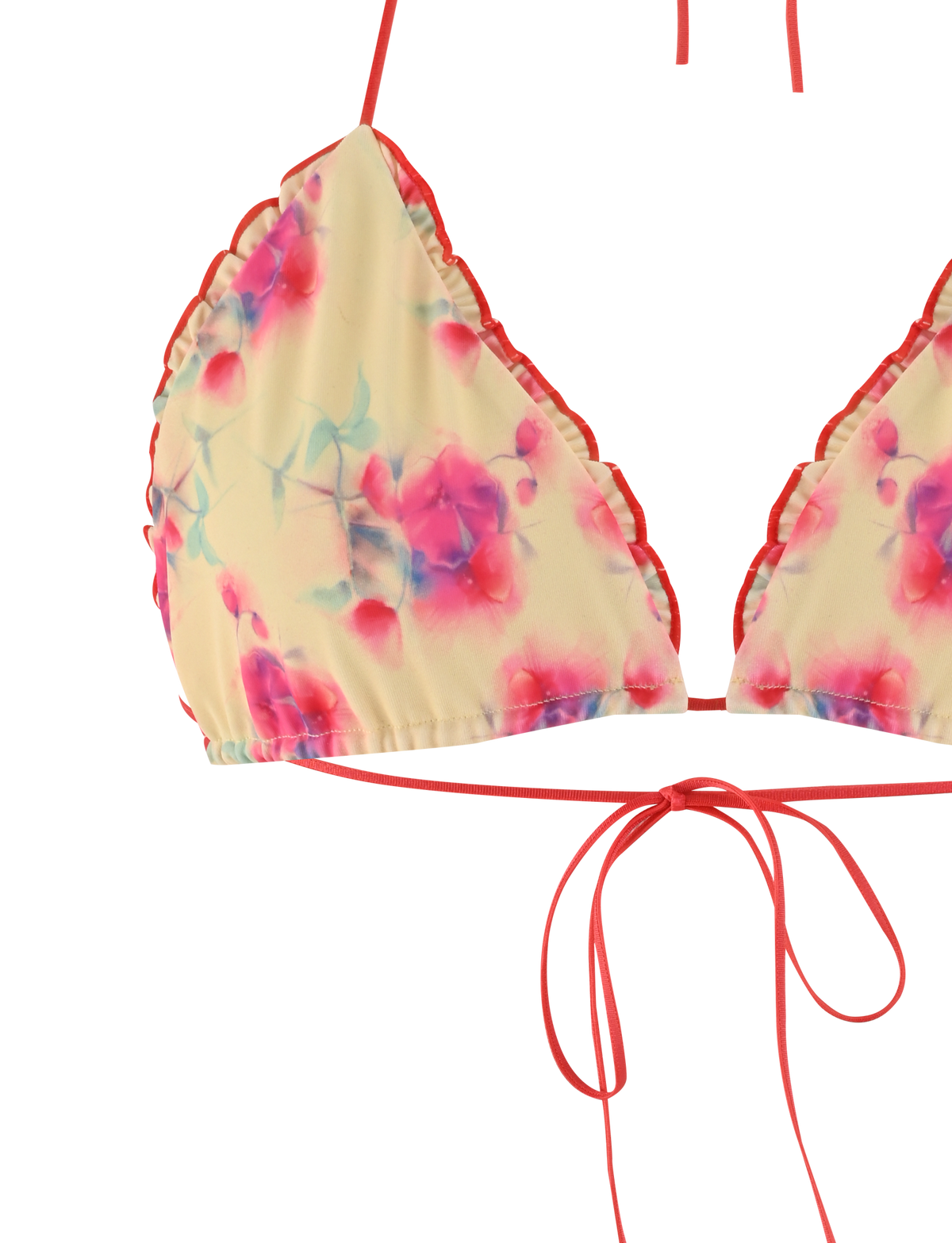 The AMALIE BIKINI TOP - SUMMER BLOSSOM by TIGERMIST features a bodycon fit, adjustable halter straps, a center decorative bow, and a floral print with pink and purple flowers on a light yellow background.