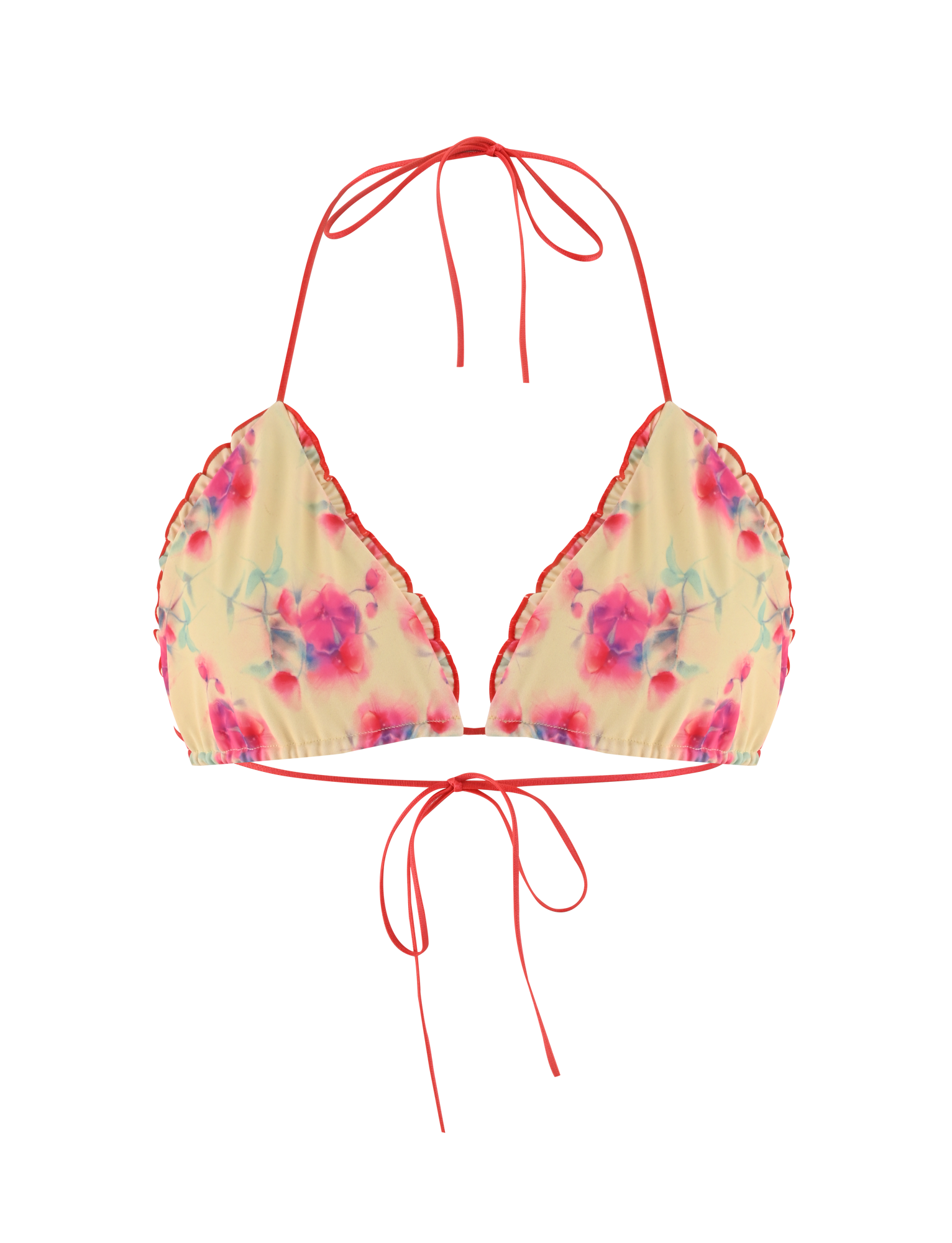 The AMALIE BIKINI TOP - SUMMER BLOSSOM by TIGERMIST features a flattering triangle design with pink and blue floral prints on light yellow, completed with a halter neck and back ties.
