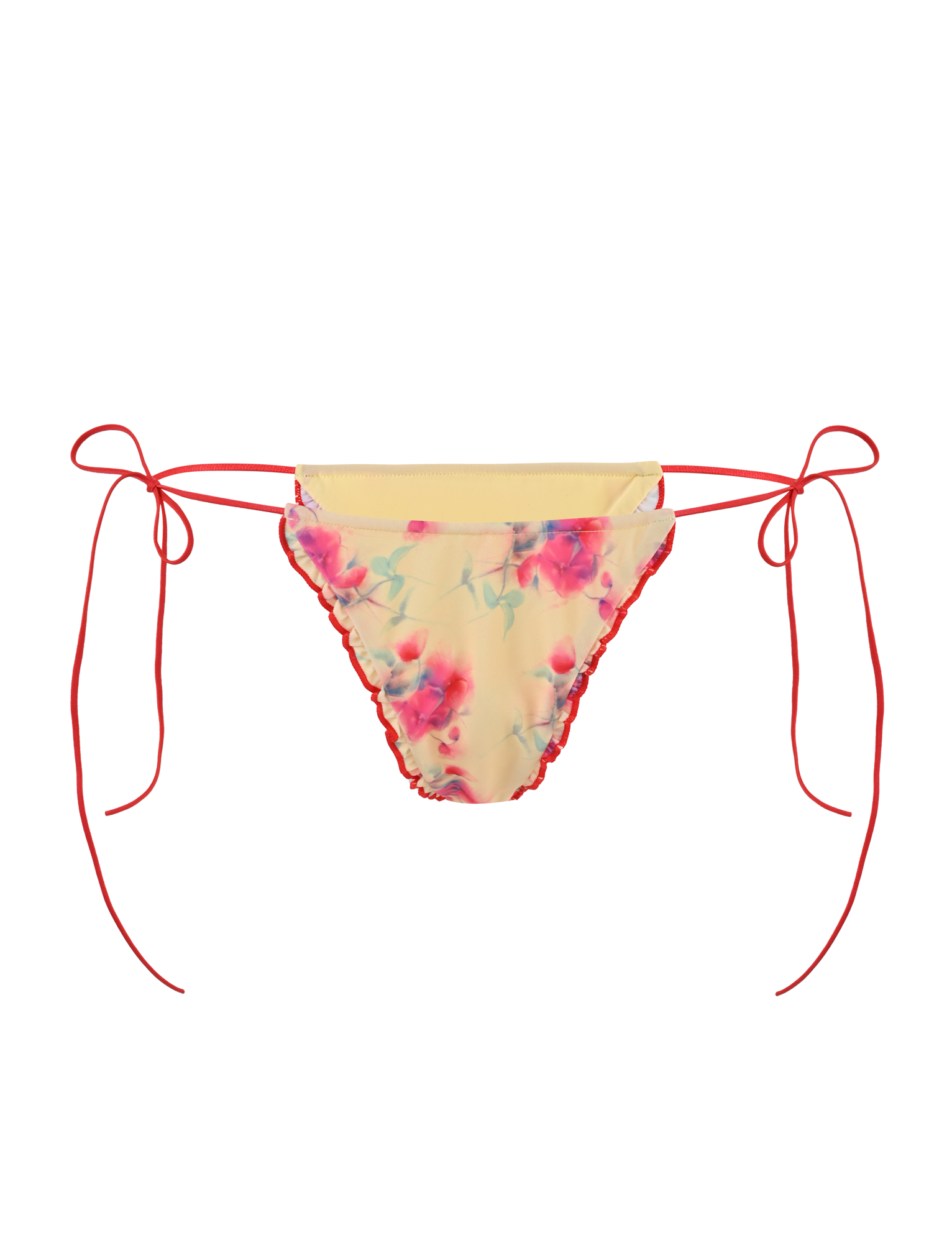 The TIGERMIST AMALIE 2PC Bikini Bottom in Summer Blossom features a yellow base with vibrant pink and blue floral print and red string side ties, displayed against a plain background.