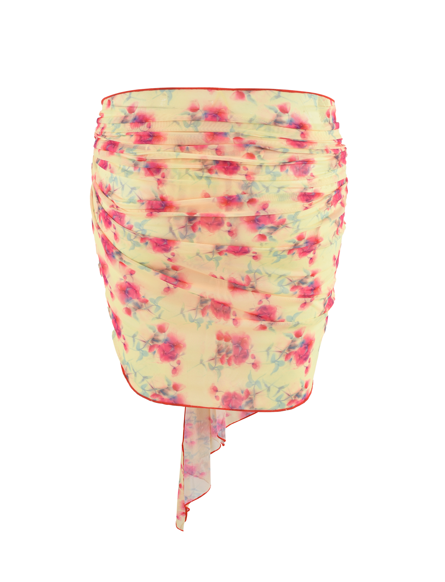 Pair the TIGERMIST AMALIE 2PC BIKINI BOTTOM - SUMMER BLOSSOM with a high-waisted, ruched floral mini skirt in pink and green on light yellow, featuring an asymmetrical draped hem for a chic summer look.
