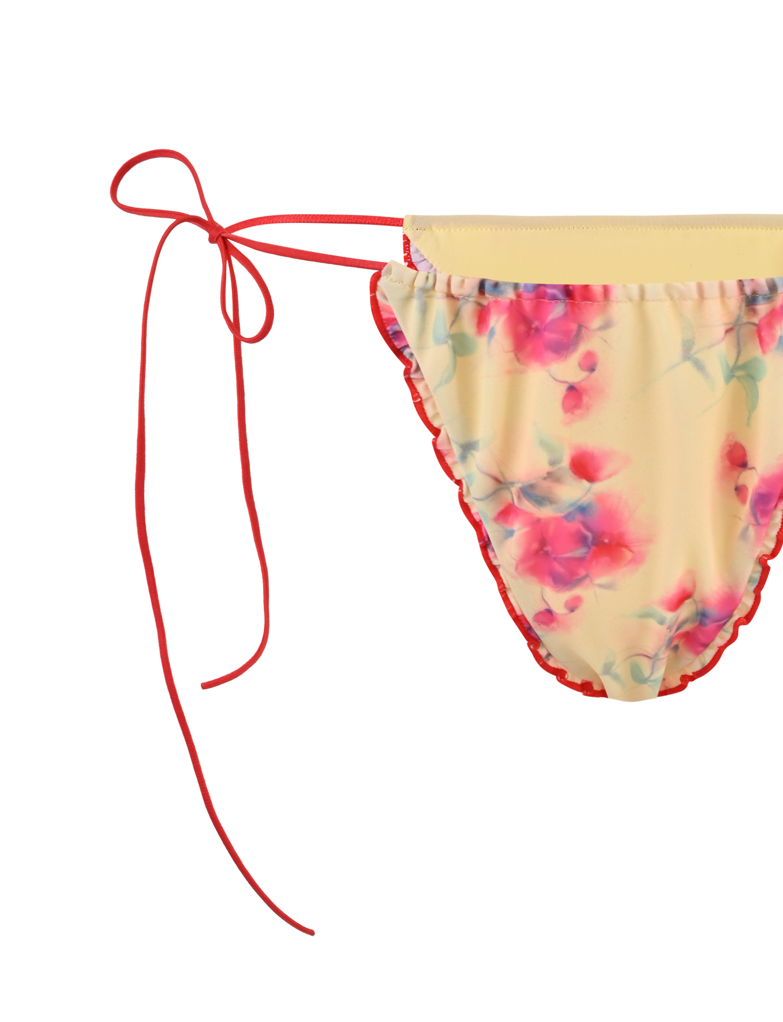 The TIGERMIST AMALIE 2PC BIKINI BOTTOM - SUMMER BLOSSOM features a yellow floral design with pink and red patterns and red bow side ties.