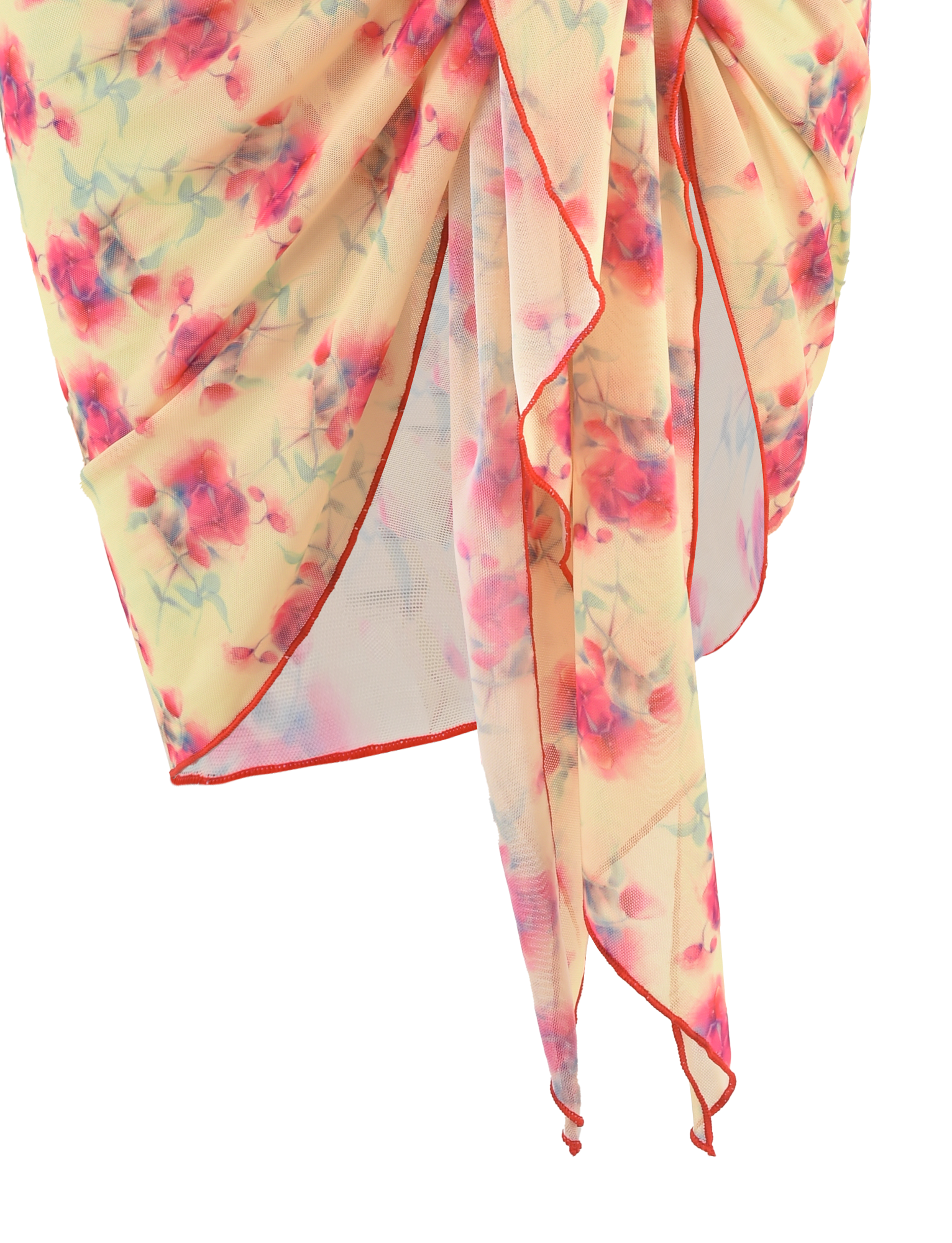 The TIGERMIST AMALIE 2PC BIKINI BOTTOM in Summer Blossom features sheer, cream-colored fabric with a red and pink floral print, draped and gathered, and finished with a thin red border.