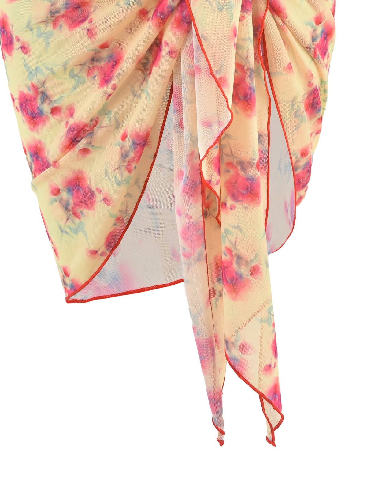 The TIGERMIST AMALIE 2PC BIKINI BOTTOM in Summer Blossom features sheer, cream-colored fabric with a red and pink floral print, draped and gathered, and finished with a thin red border.