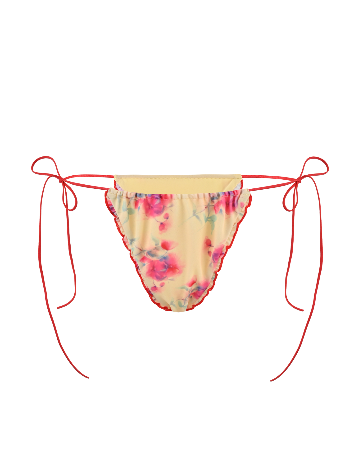The TIGERMIST AMALIE 2PC BIKINI BOTTOM - SUMMER BLOSSOM features a yellow floral print with pink accents, red side ties, and a frilled brief design, shown on a plain background.