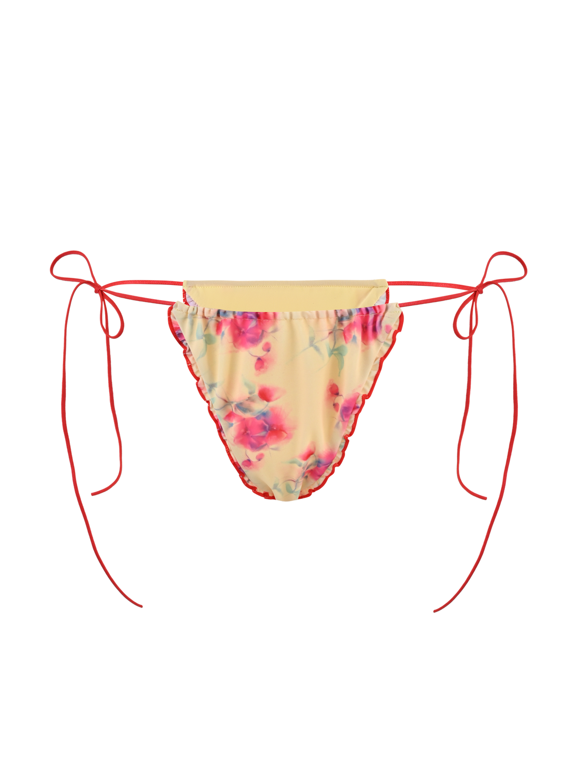 The TIGERMIST AMALIE 2PC BIKINI BOTTOM - SUMMER BLOSSOM features a yellow floral print with pink accents, red side ties, and a frilled brief design, shown on a plain background.