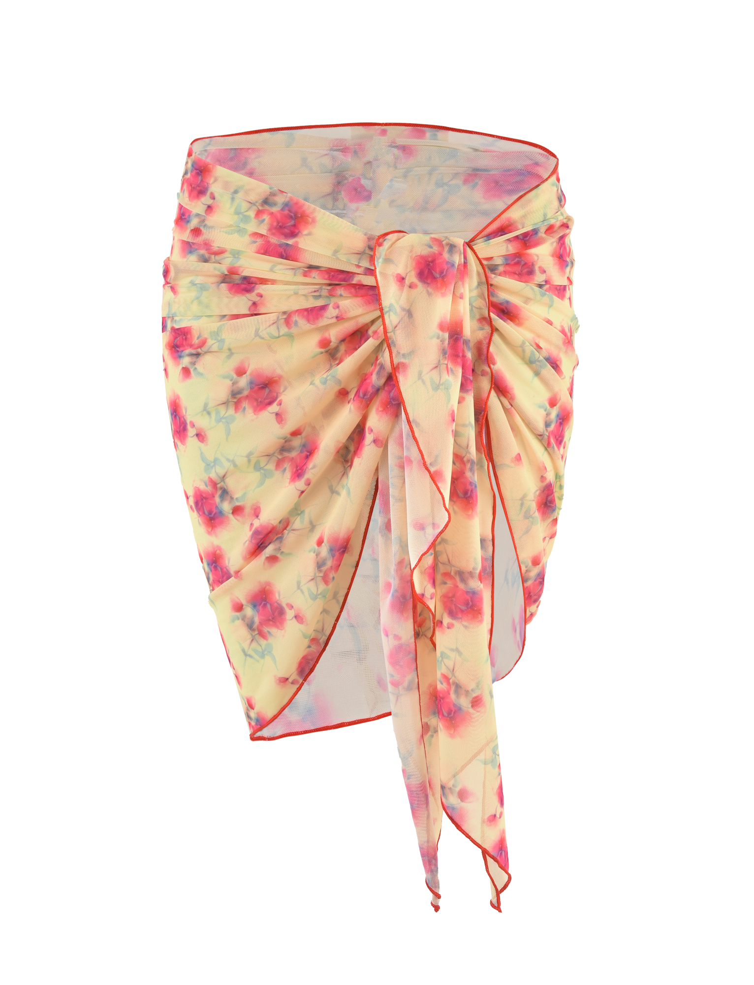 A sheer, light yellow floral sarong with pink and green Summer Blossom print, red-trimmed edges, and asymmetric drape—perfect to wear over your TIGERMIST AMALIE 2PC BIKINI BOTTOM.