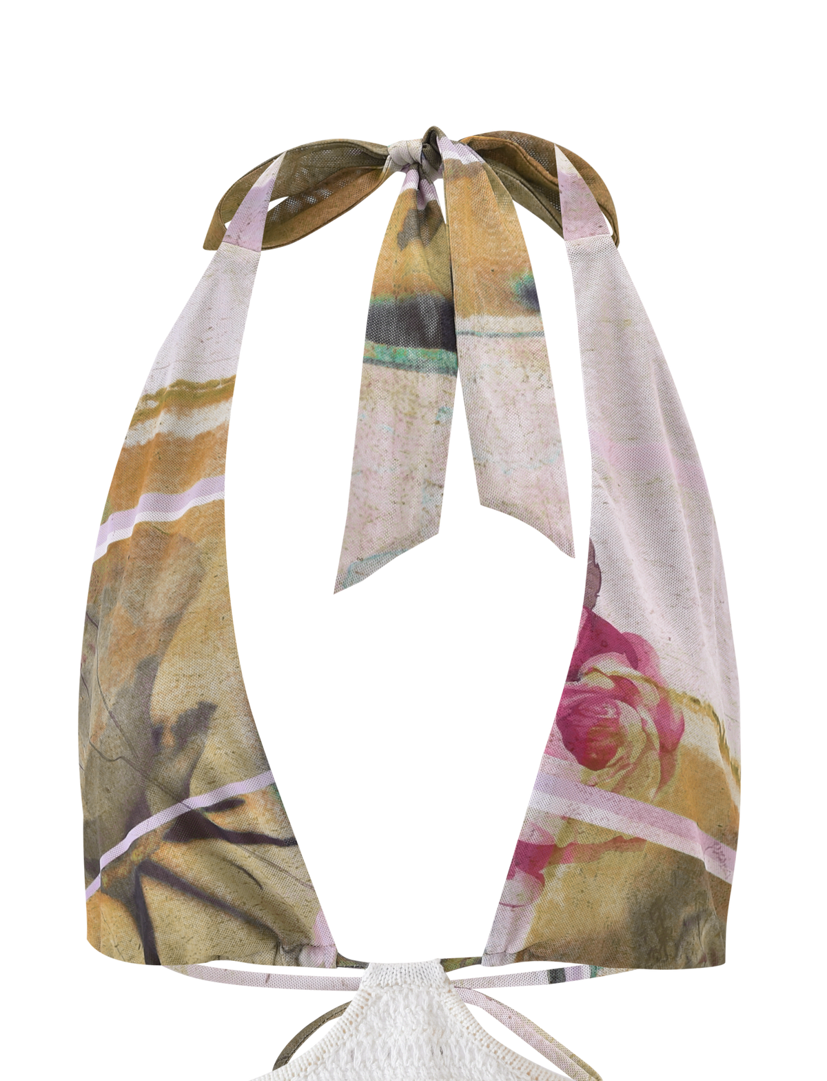 The TILLEY TOP - ROSE POSTCARD by TIGERMIST is a mesh halter bikini with wide neck ties, featuring a floral print in muted pink, green, and yellow on a light background.