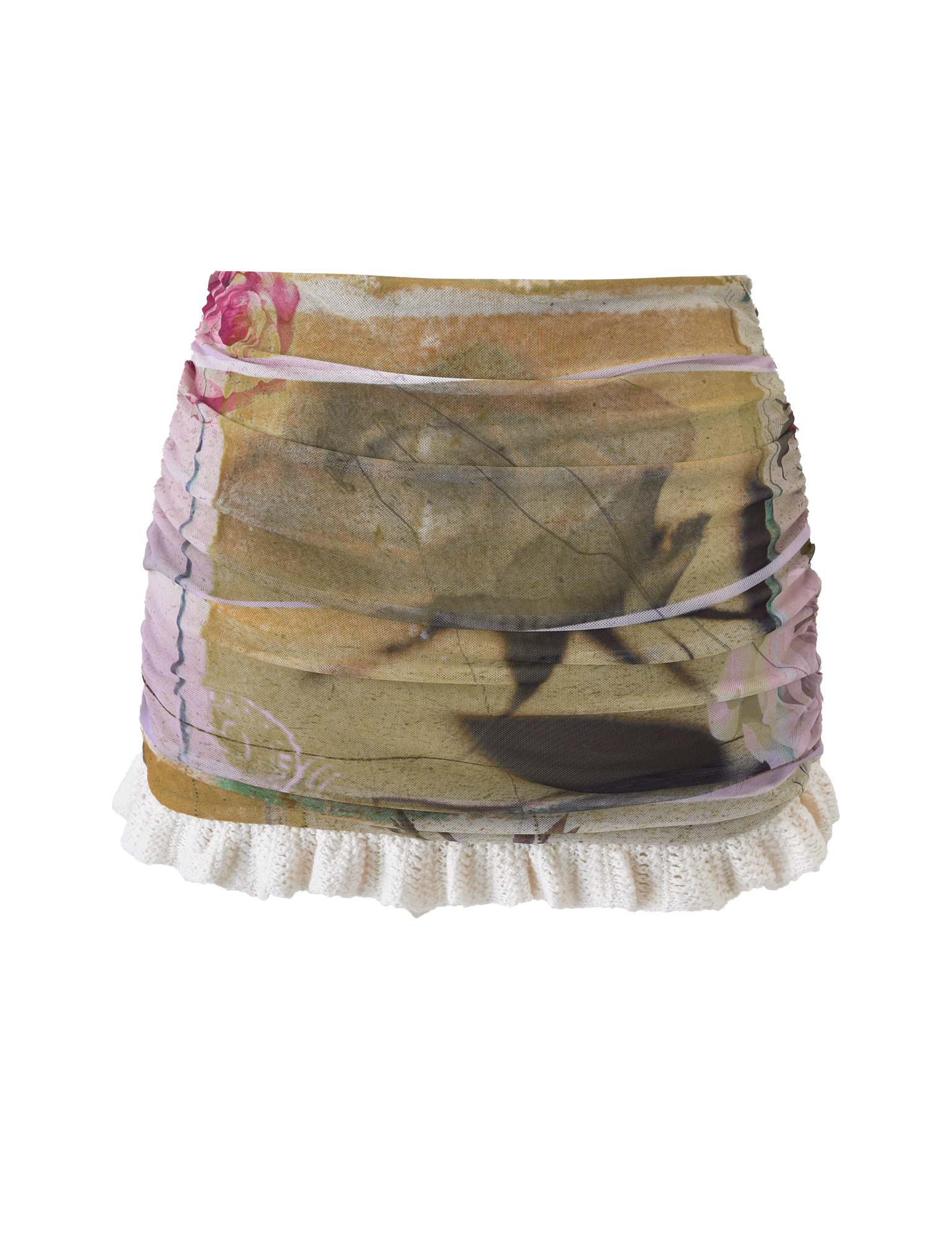 The TILLEY MINI SKIRT - ROSE POSTCARD by TIGERMIST is a mesh mini skirt with an exclusive floral print, ruched short silhouette, sheer overlay, and white ruffled lace trim at the hem.