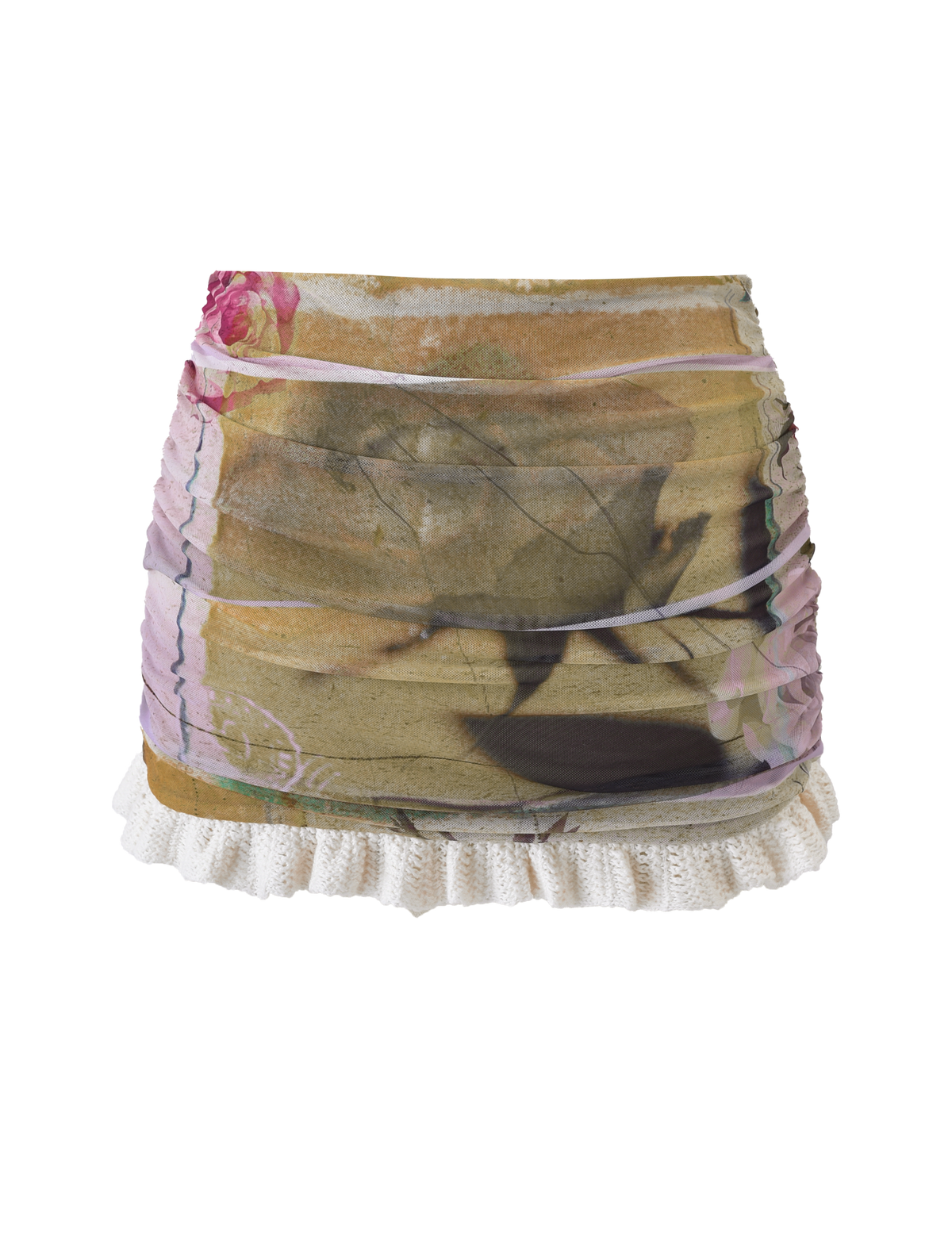 The TILLEY MINI SKIRT - ROSE POSTCARD by TIGERMIST is a mesh mini skirt with an exclusive floral print, ruched short silhouette, sheer overlay, and white ruffled lace trim at the hem.