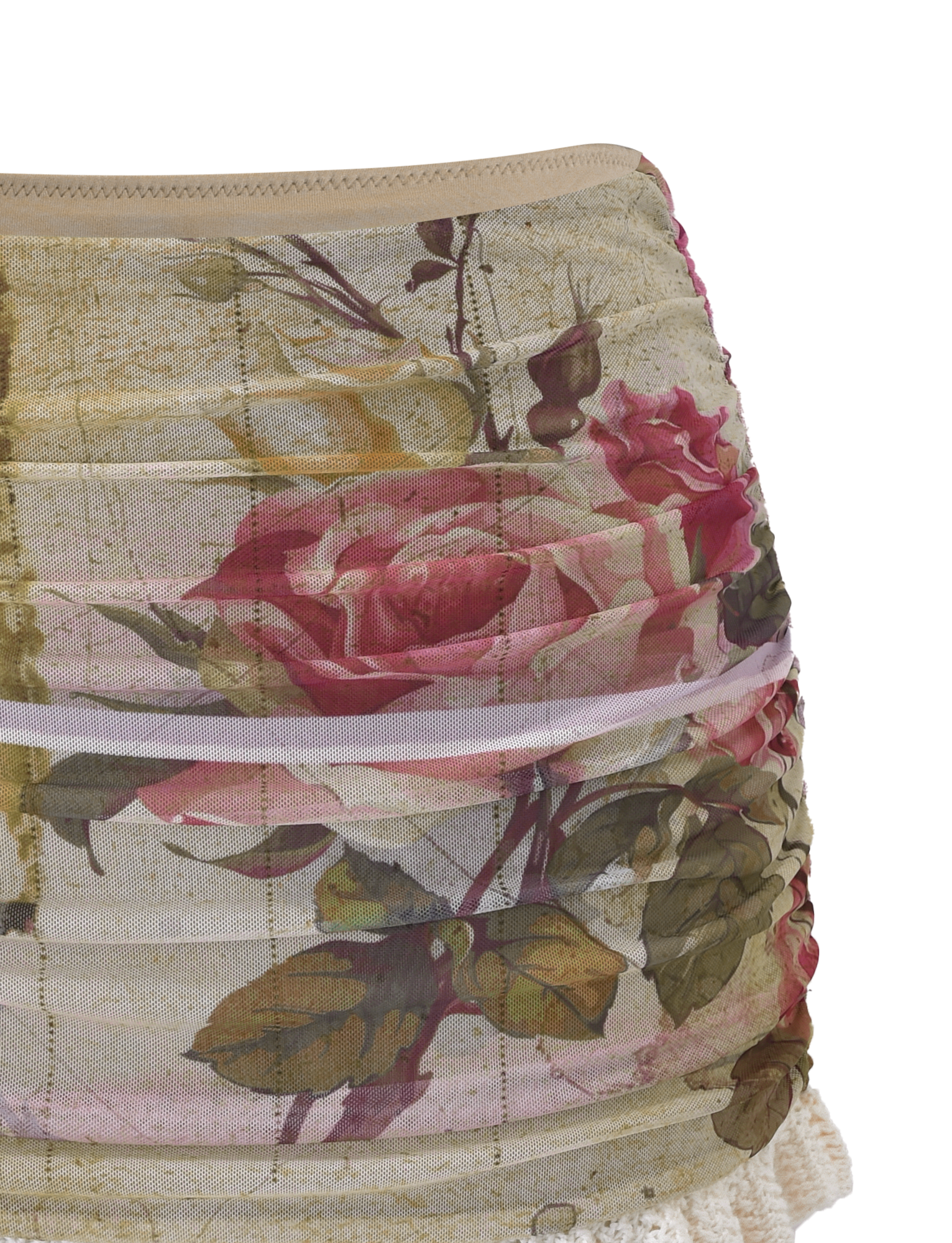 The TILLEY MINI SKIRT - ROSE POSTCARD by TIGERMIST features a vintage-inspired, semi-sheer floral mesh with a pink and red rose print, green leaves, and crochet ruffle lace trim at the hem.