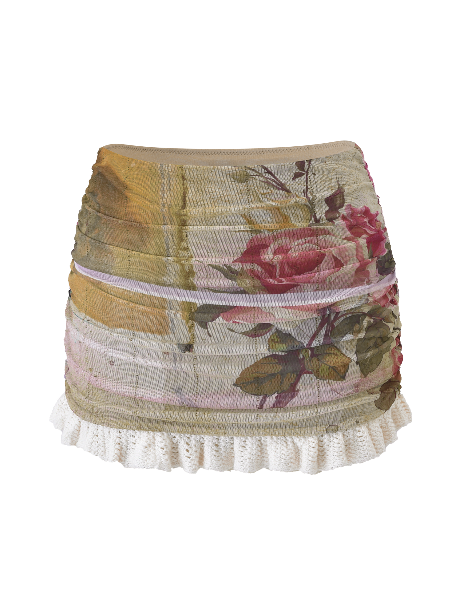 The TIGERMIST TILLEY MINI SKIRT - ROSE POSTCARD features a vintage-inspired floral mesh design with large pink roses, green leaves, and a white lace hem for an exclusive look.