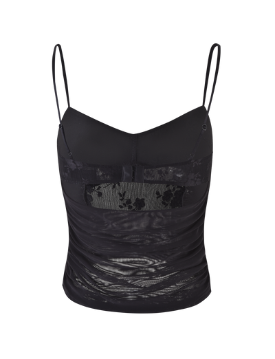 The KALLIE TOP - BLACK by TIGERMIST features a black lace design with adjustable straps, sheer ruched sides, floral lace detail at the chest, mesh panels, and a subtly shiny textured fabric for added allure.