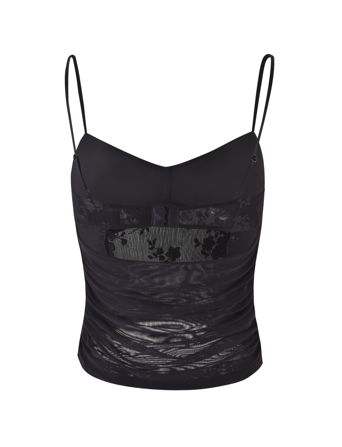 The KALLIE TOP - BLACK by TIGERMIST features a black lace design with adjustable straps, sheer ruched sides, floral lace detail at the chest, mesh panels, and a subtly shiny textured fabric for added allure.