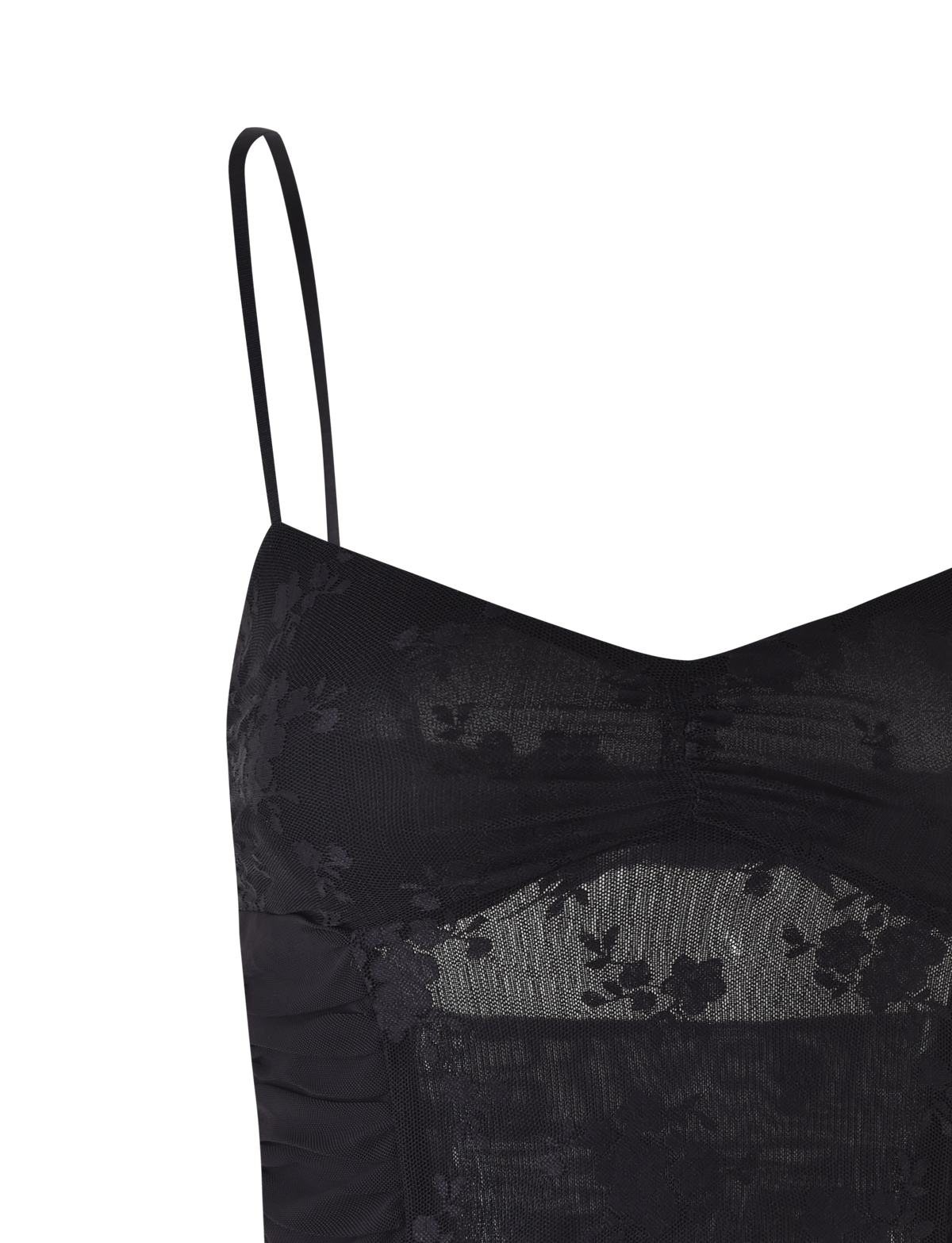 A close-up of the KALLIE TOP - BLACK by TIGERMIST, showcasing mesh panels, thin adjustable straps, and sheer floral lace detailing on the bust and upper torso.
