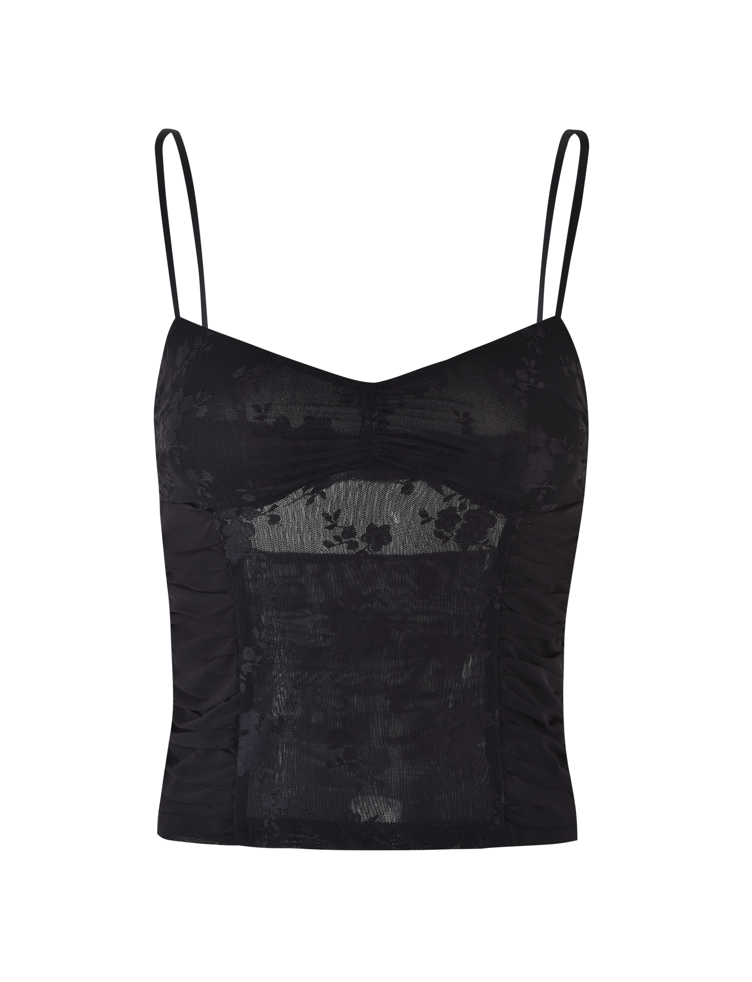 The KALLIE TOP - BLACK by TIGERMIST features thin adjustable straps, ruched sides, mesh panels, and a floral lace front and chest design.