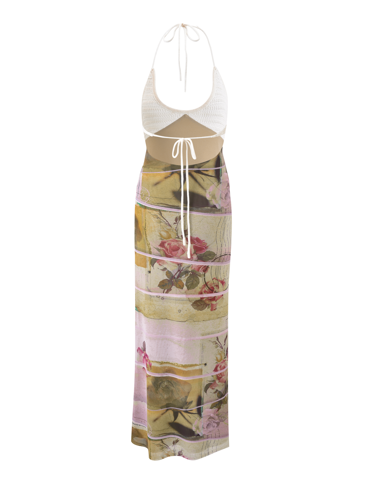 The TILLEY MAXI DRESS - ROSE POSTCARD by TIGERMIST features a sleeveless halter top and a long, high-waisted skirt adorned with a pastel pink rose and green floral print.