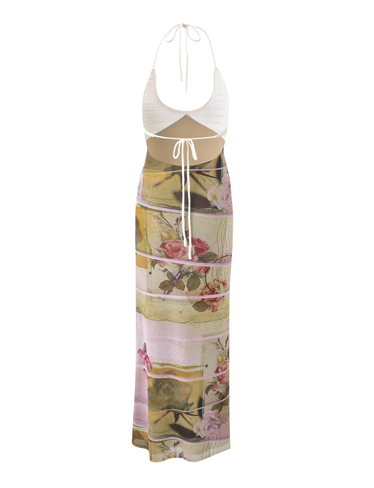 The TILLEY MAXI DRESS - ROSE POSTCARD by TIGERMIST features a sleeveless halter top and a long, high-waisted skirt adorned with a pastel pink rose and green floral print.