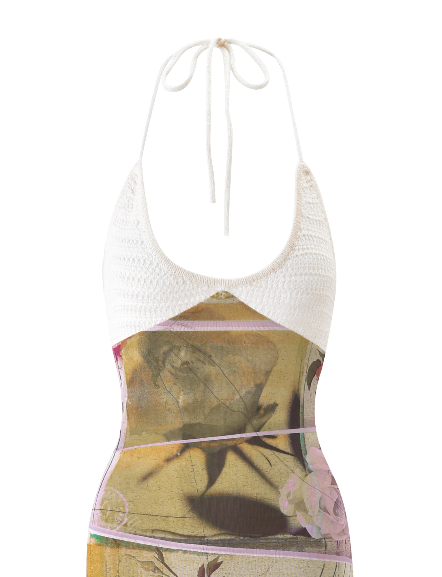 The TIGERMIST TILLEY MAXI DRESS - ROSE POSTCARD features a sleeveless halter design with crochet bust cups, a white crocheted top, and a fitted skirt in an earthy abstract floral print with pink accents. Made from soft, stretchy fabric for comfort.