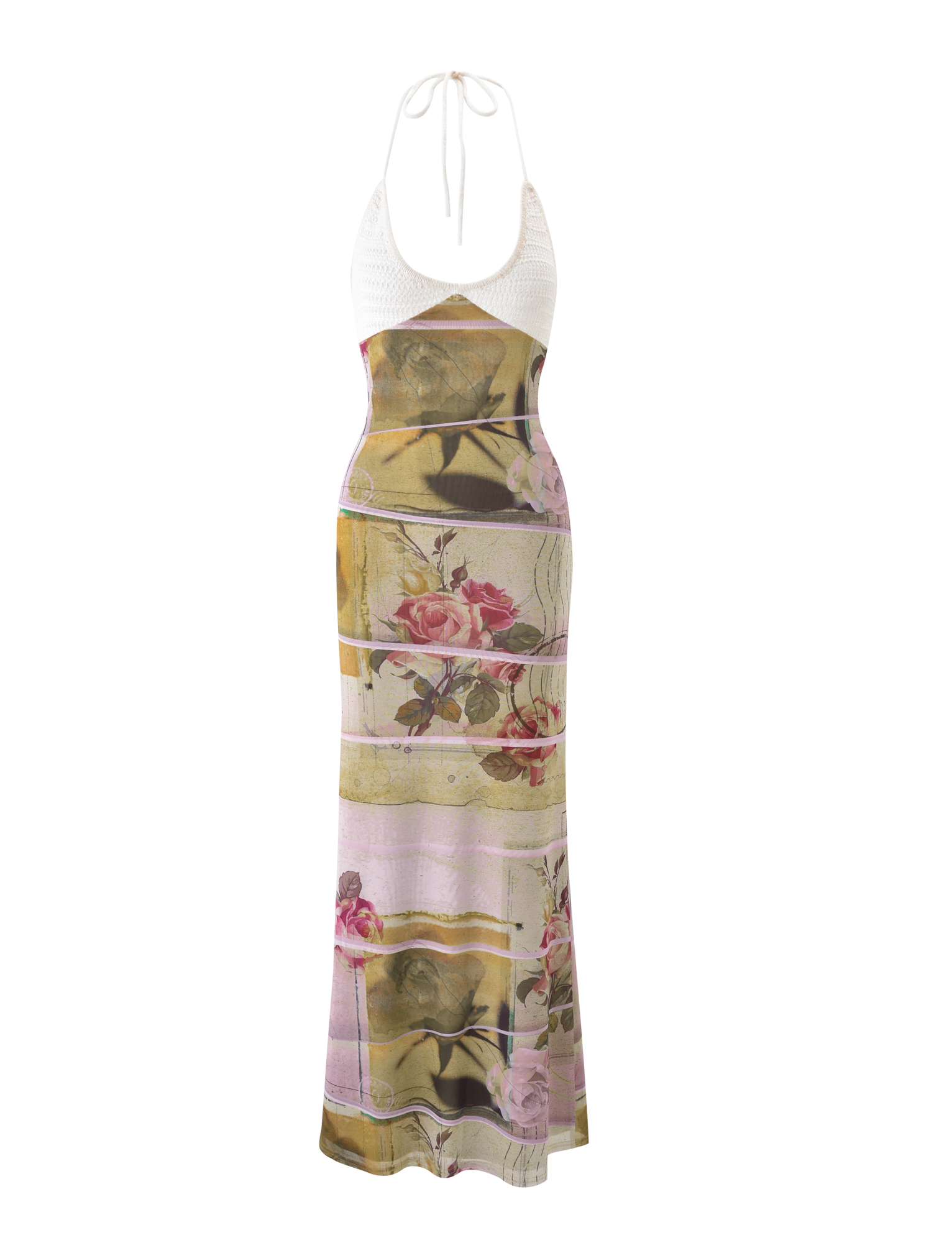 The TIGERMIST TILLEY MAXI DRESS - ROSE POSTCARD is a sleeveless maxi with a white halter neck top and a skirt adorned with large pink roses and olive green geometric rectangles.