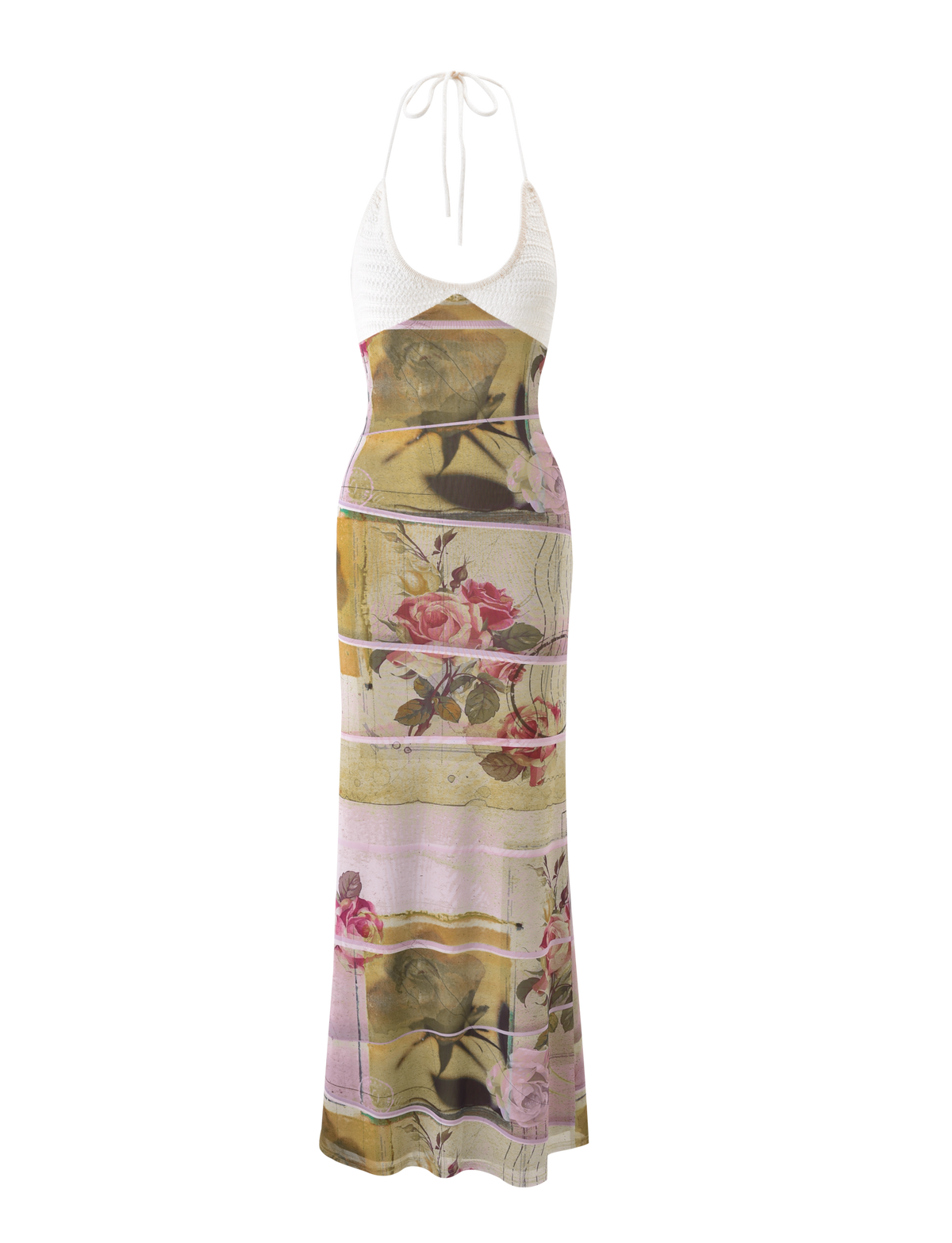 The TIGERMIST TILLEY MAXI DRESS - ROSE POSTCARD is a sleeveless maxi with a white halter neck top and a skirt adorned with large pink roses and olive green geometric rectangles.