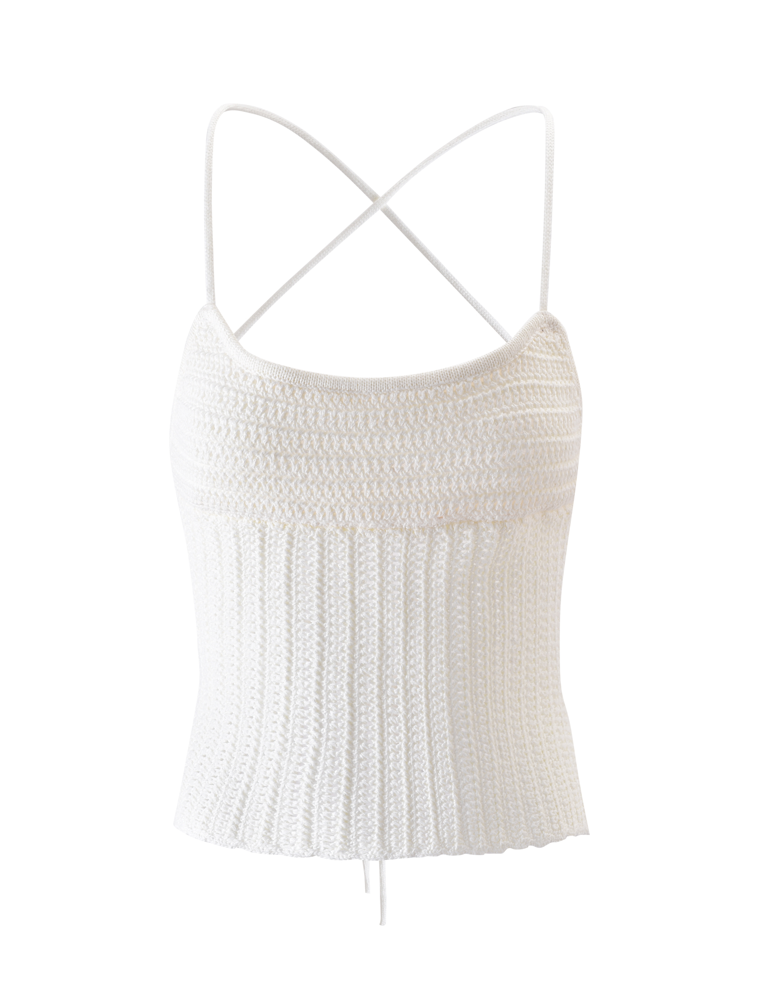 The EMELYN TOP by TIGERMIST is a cream crochet top with ribbed texture, crisscross lace-up back spaghetti straps, and a slightly flared hem, shown against a plain white background.