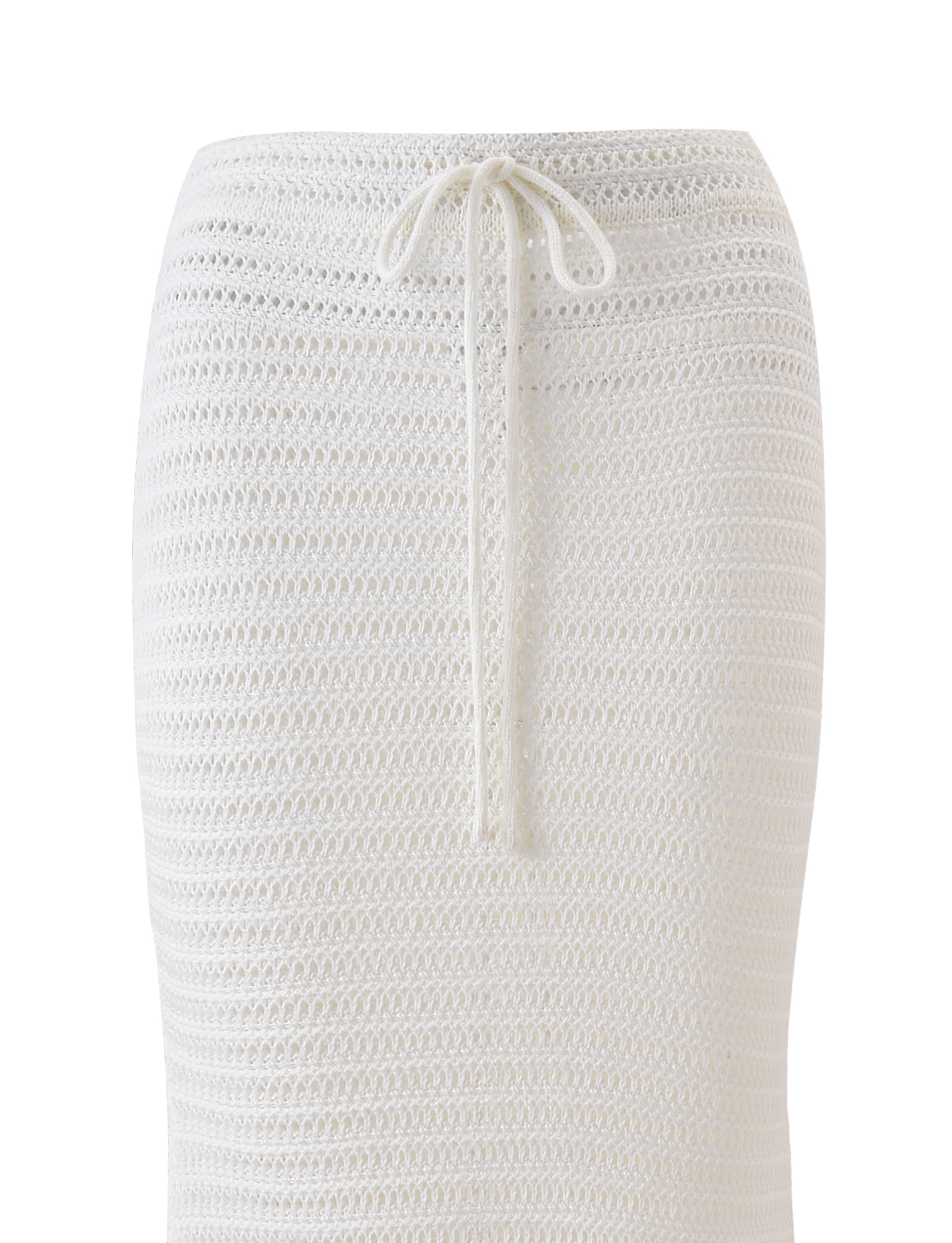 The EMELYN MIDI SKIRT - CREAM by TIGERMIST is a white crochet midi skirt with a fitted silhouette, mid rise, and an elasticated waist with a drawstring tie.