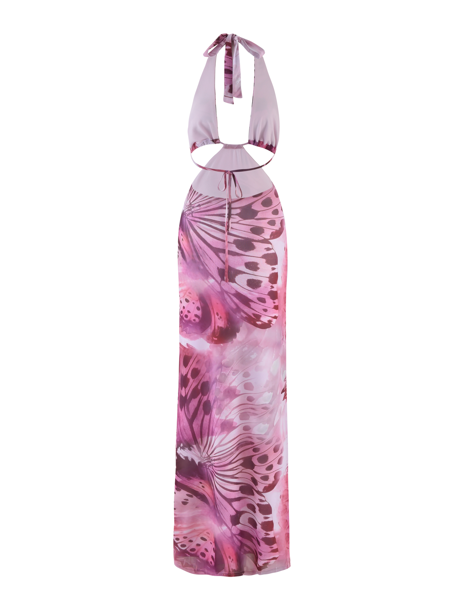 The SOLEIL MAXI DRESS - MACRO BUTTERFLY by TIGERMIST is a sleeveless dress with a pink and purple butterfly print, circular cut-out below the neckline, and adjustable halter ties for a personalized fit.