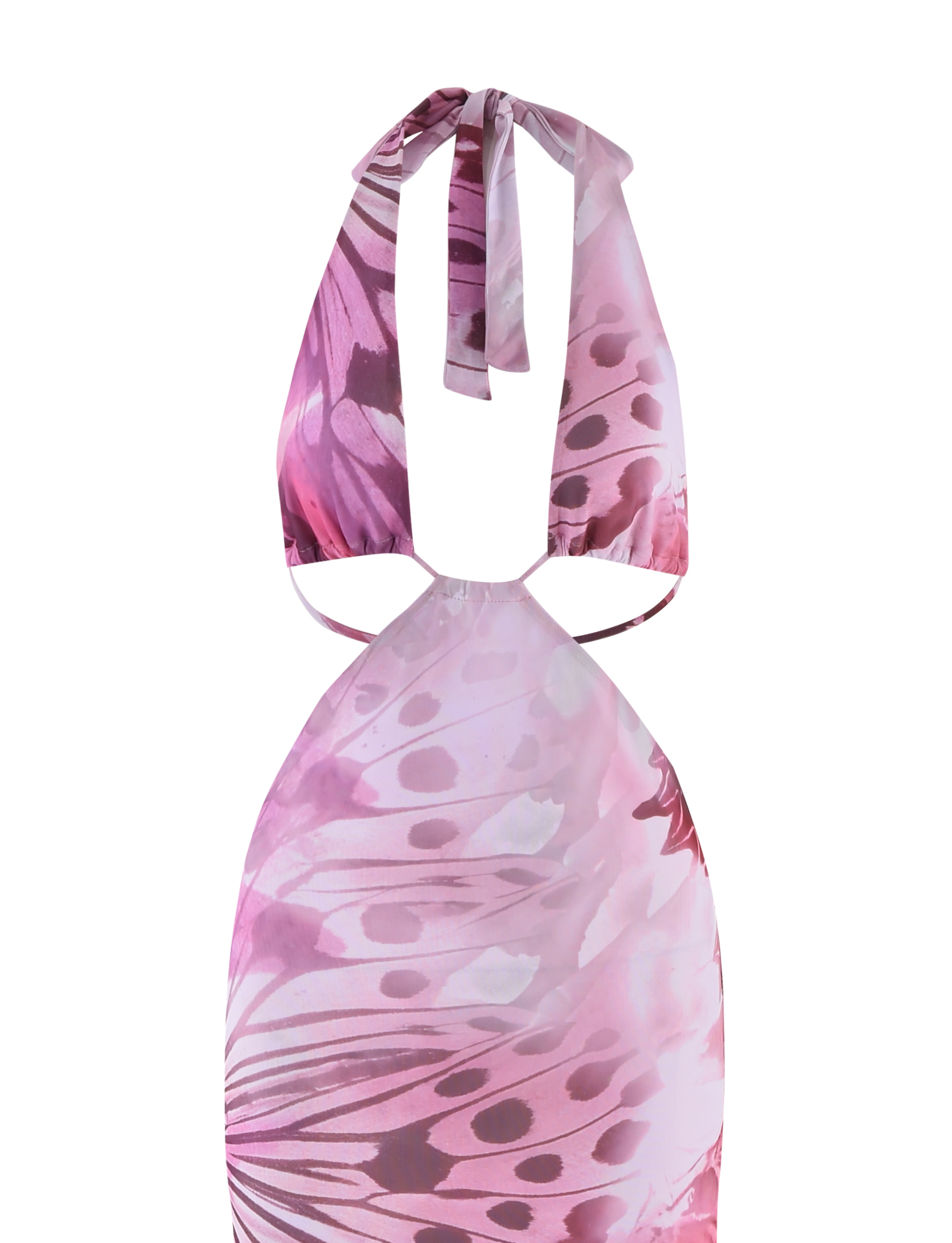 The SOLEIL MAXI DRESS - MACRO BUTTERFLY by TIGERMIST features a mesh maxi design with a pink and purple butterfly wing print, adjustable halter neck ties, and an open back.