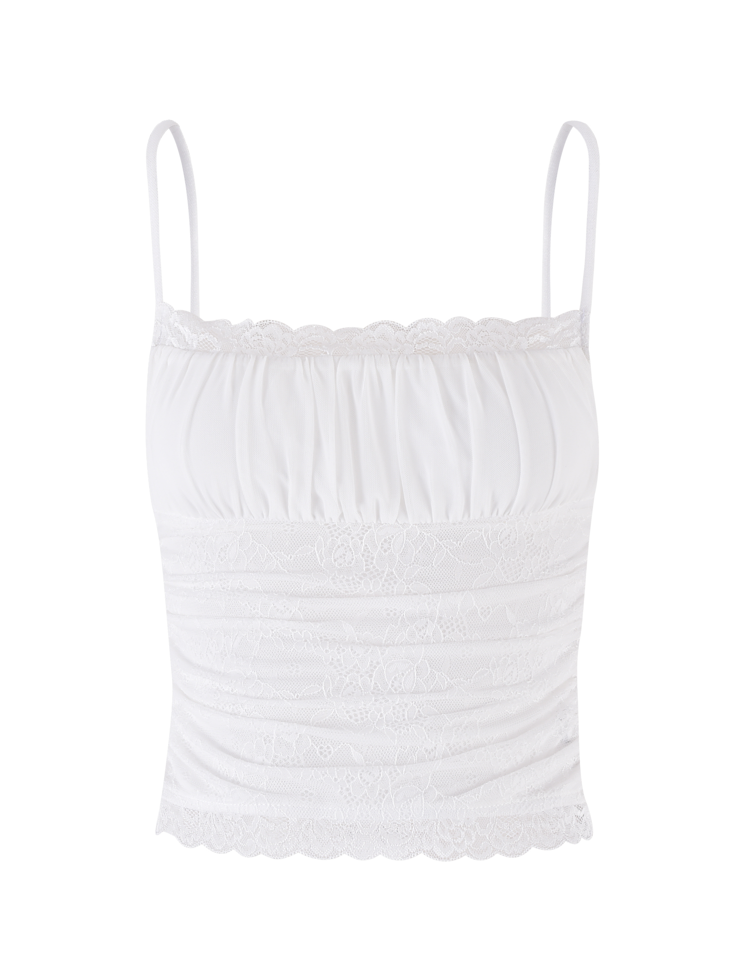 The TIGERMIST AVALYN TOP - WHITE is a mesh camisole with lace contrast, thin spaghetti straps, ruched front, and scalloped hem, shown on a plain white background.