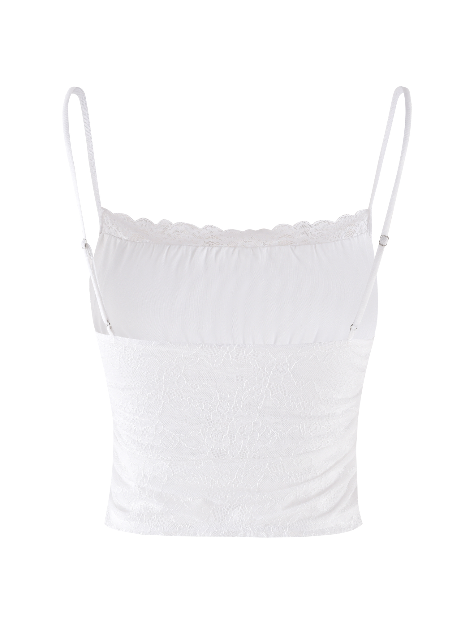 The AVALYN TOP - WHITE by TIGERMIST features adjustable spaghetti straps, a scalloped lace neckline, and is made from stretchy fabric, shown on a plain white background.