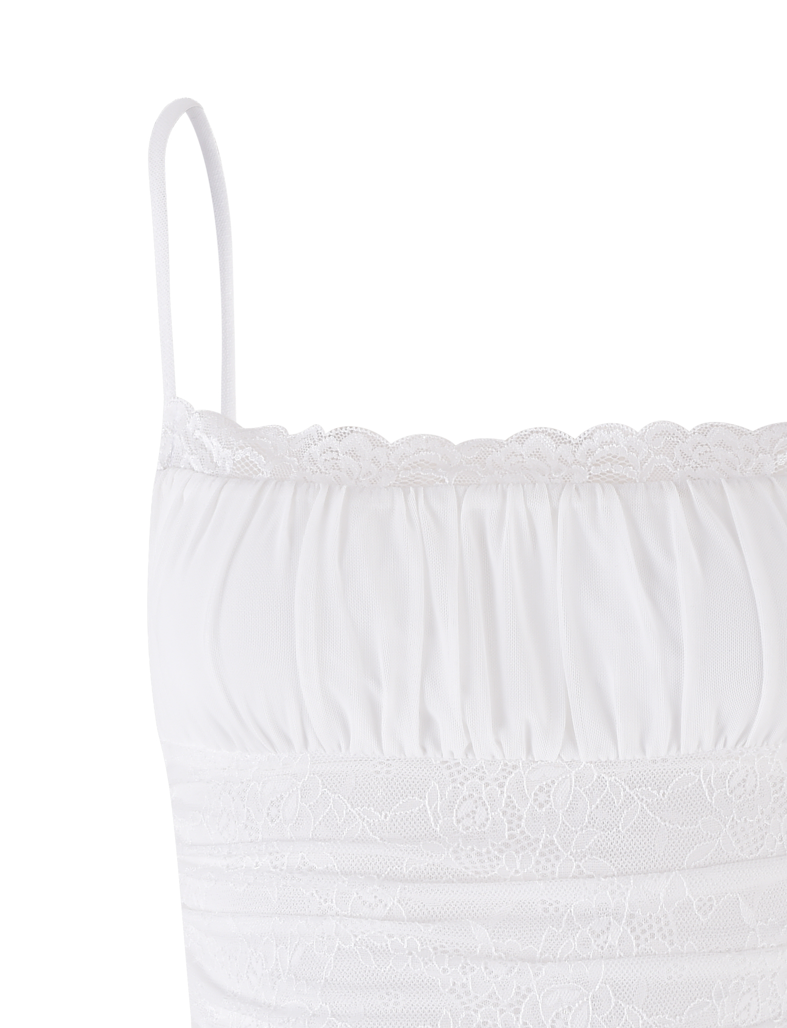 The AVALYN TOP - WHITE by TIGERMIST features thin spaghetti straps, a lace-trimmed neckline, ruched detailing, and a delicate lace band below the bust. Made from soft, lightweight stretch fabric for extra comfort.