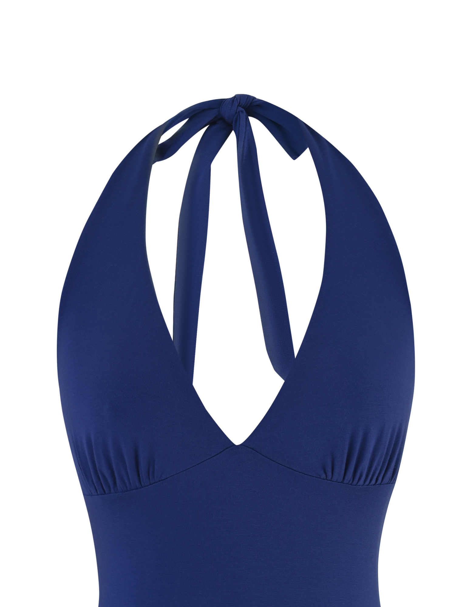 A close-up of the MERIAL TOP - DENIM BLUE by TIGERMIST, a stretchy deep navy halter neck swimsuit with a deep V neckline and a tie-back detail.