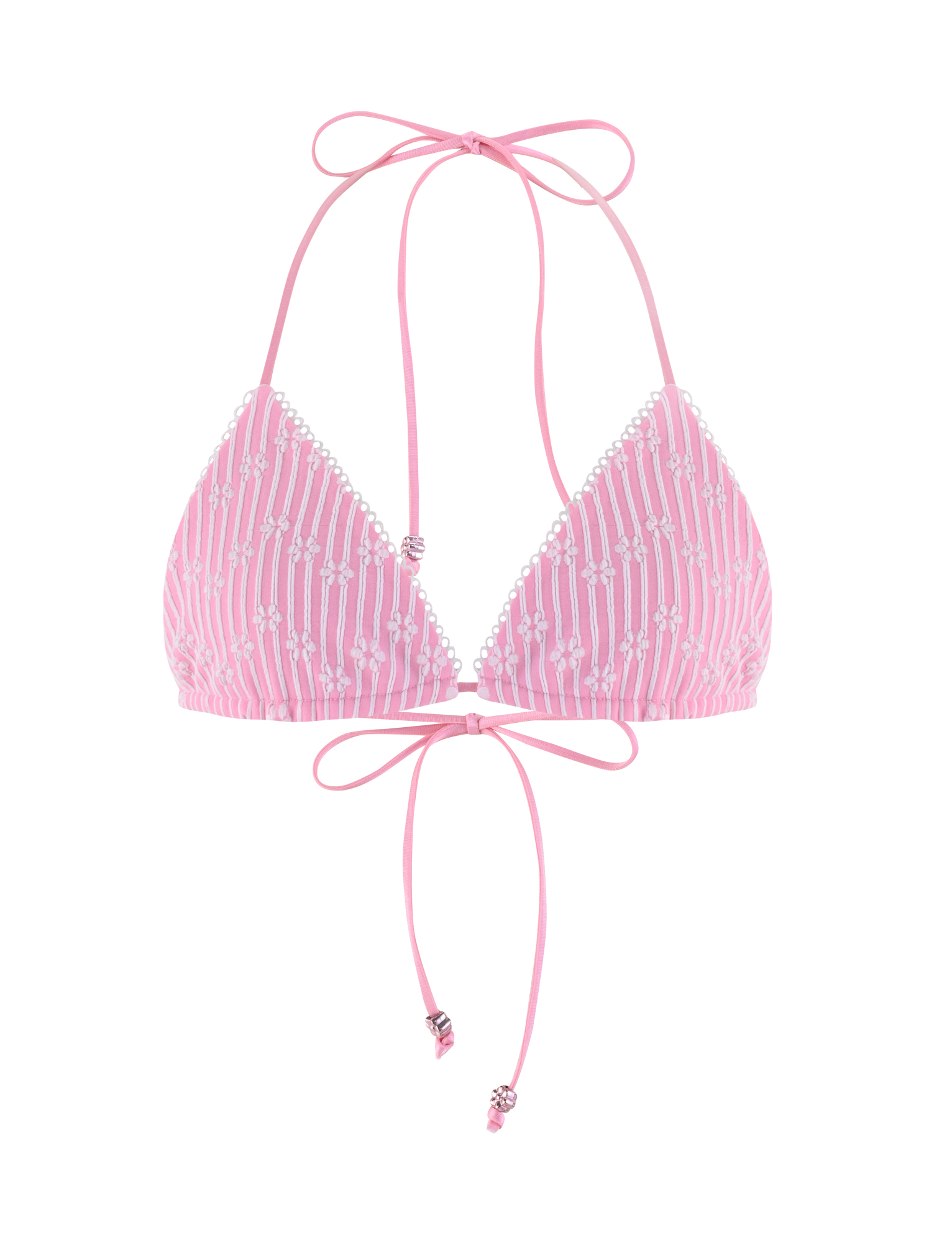 The SAHRA BIKINI TOP - PINK FLOWER STRIPE by TIGERMIST features pink stripes, white beaded accents, thin adjustable neck and back straps, and decorative beads at the tie ends.