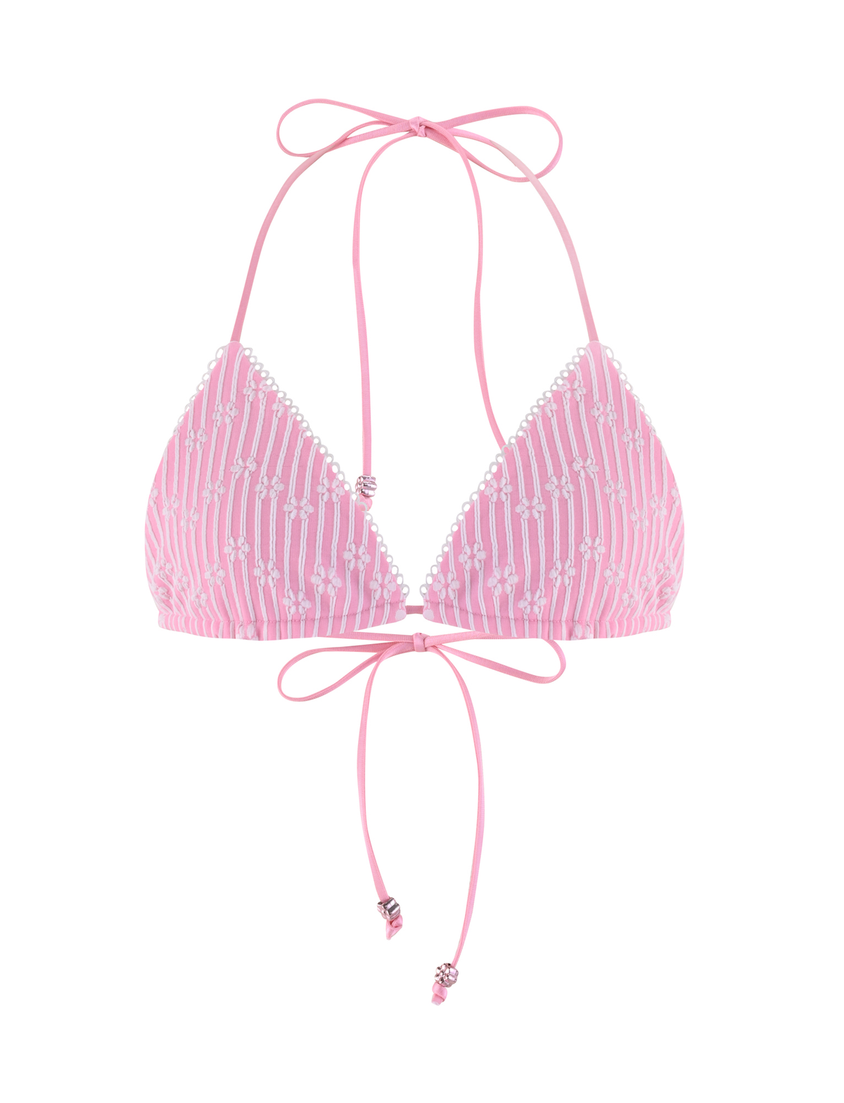 The SAHRA BIKINI TOP - PINK FLOWER STRIPE by TIGERMIST features pink stripes, white beaded accents, thin adjustable neck and back straps, and decorative beads at the tie ends.