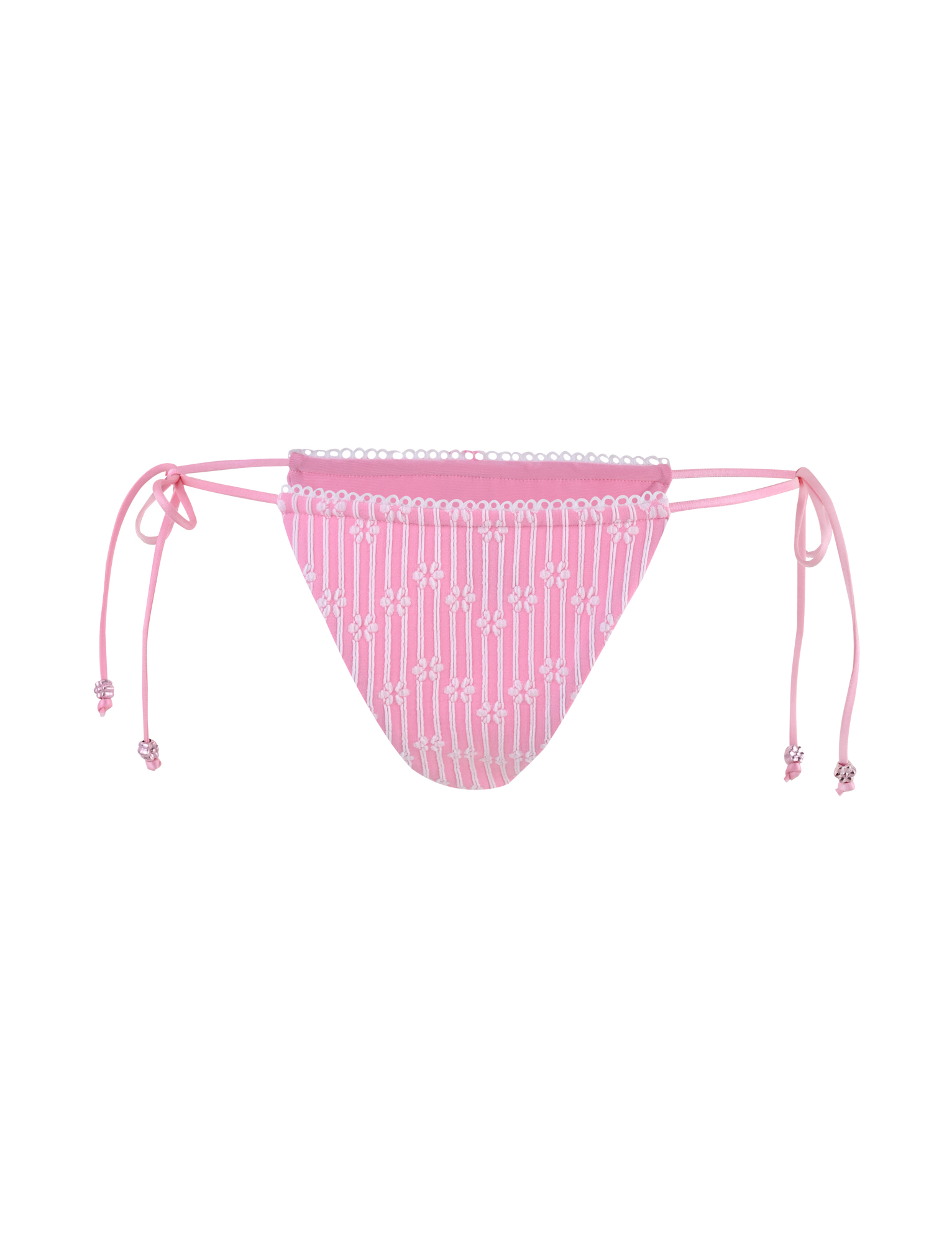 The TIGERMIST SAHRA BIKINI 2PC BOTTOM - PINK FLOWER STRIPE features side tie strings and textured rib fabric with a pink floral stripe design, shown against a plain white background.