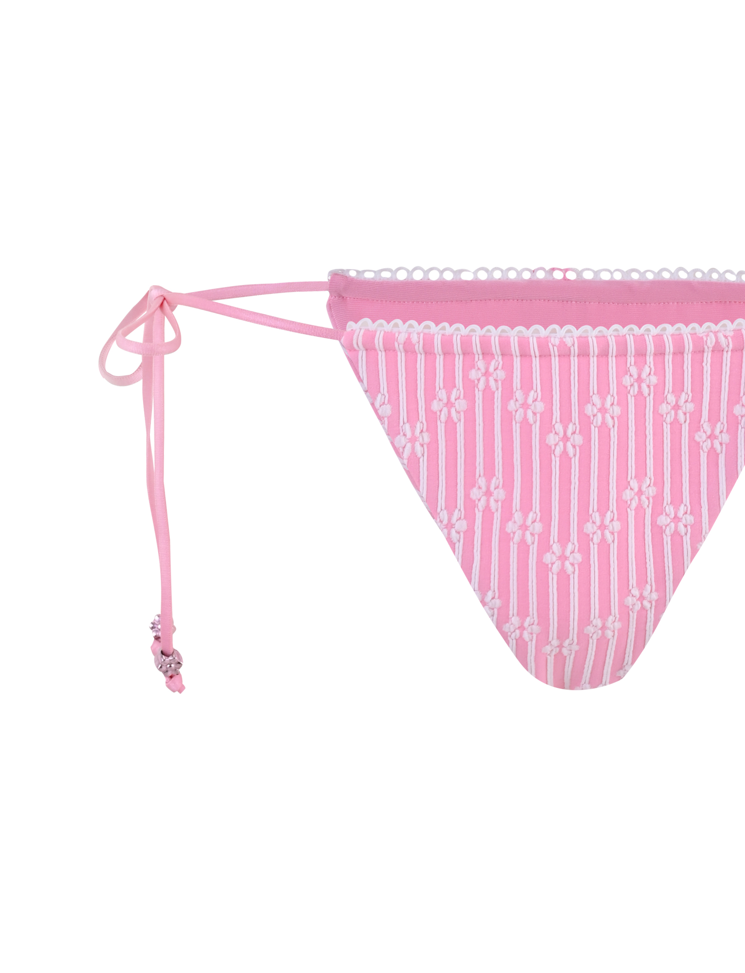 The SAHRA BIKINI 2PC BOTTOM - PINK FLOWER STRIPE by TIGERMIST is a pink stripe ribbed bikini bottom with white embroidered florals, adjustable side ties, and beaded accents for comfort and style.