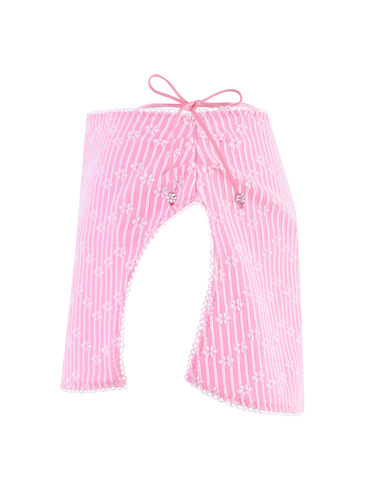 The TIGERMIST SAHRA BIKINI 2PC BOTTOM - PINK FLOWER STRIPE features lightweight pink striped fabric with white vertical stripes, delicate floral patterns, and a front lace-up ribbon closure with an open front slit.