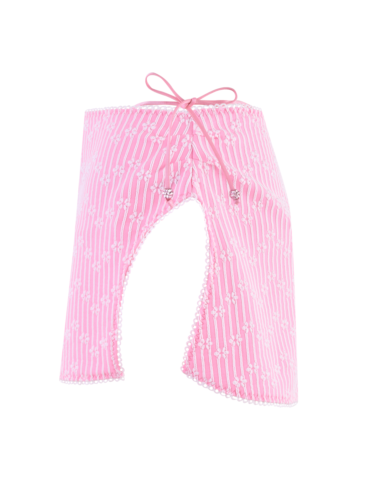 The TIGERMIST SAHRA BIKINI 2PC BOTTOM - PINK FLOWER STRIPE features lightweight pink striped fabric with white vertical stripes, delicate floral patterns, and a front lace-up ribbon closure with an open front slit.