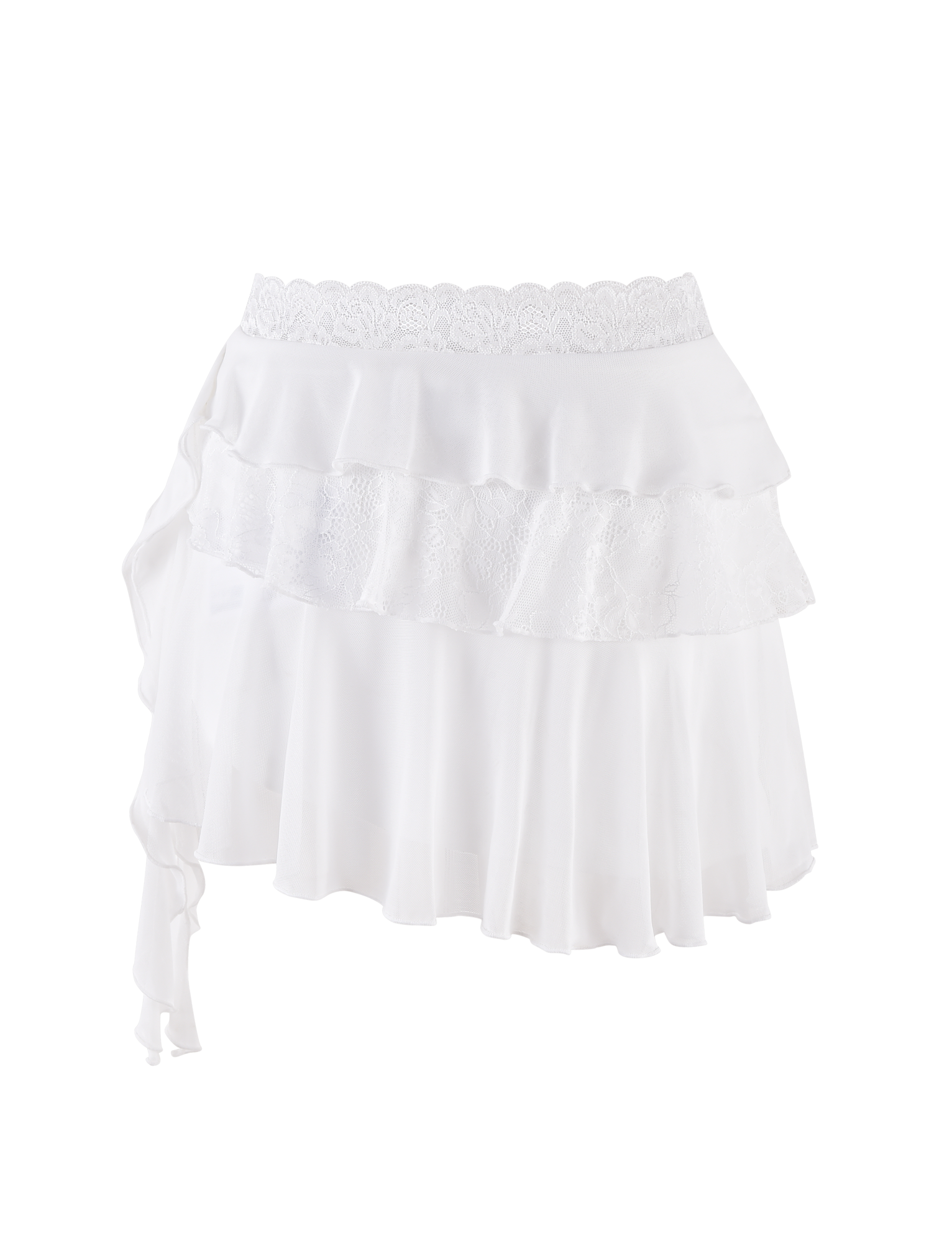 The AVALYN SKIRT by TIGERMIST is a white mini skirt featuring mesh frills, lace trim at the waistband and middle tier, soft high-stretch fabric, and an asymmetrical hem for a flowing ruffled look.