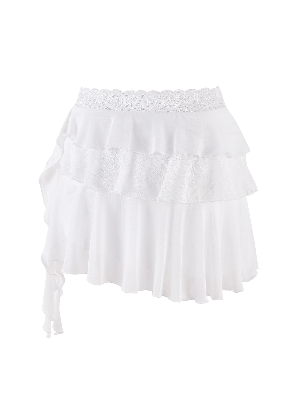 The AVALYN SKIRT by TIGERMIST is a white mini skirt featuring mesh frills, lace trim at the waistband and middle tier, soft high-stretch fabric, and an asymmetrical hem for a flowing ruffled look.