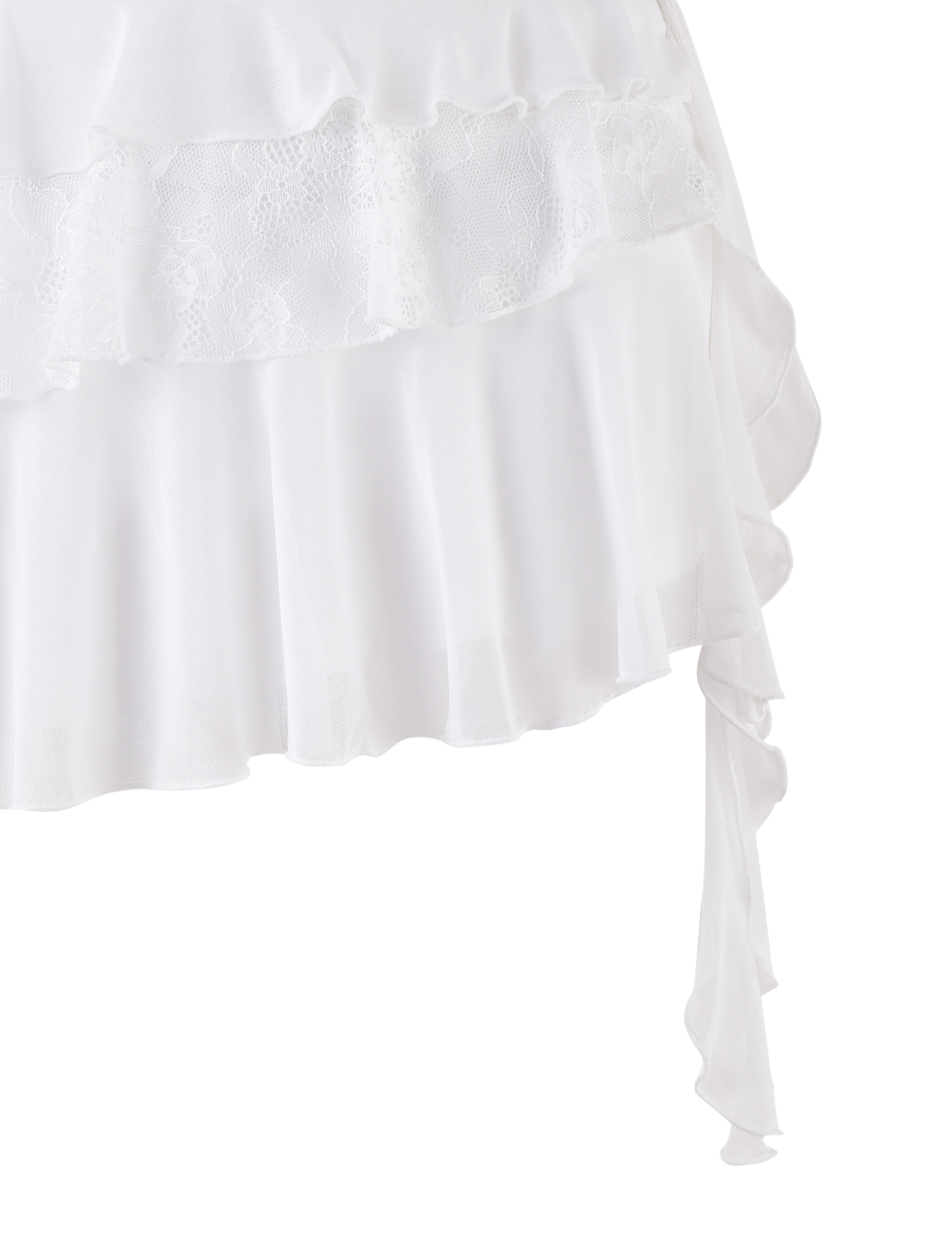 The AVALYN SKIRT - WHITE by TIGERMIST features white ruffled fabric with lace trim and flowing layers, styled like a mesh frill mini skirt, shown against a plain background.