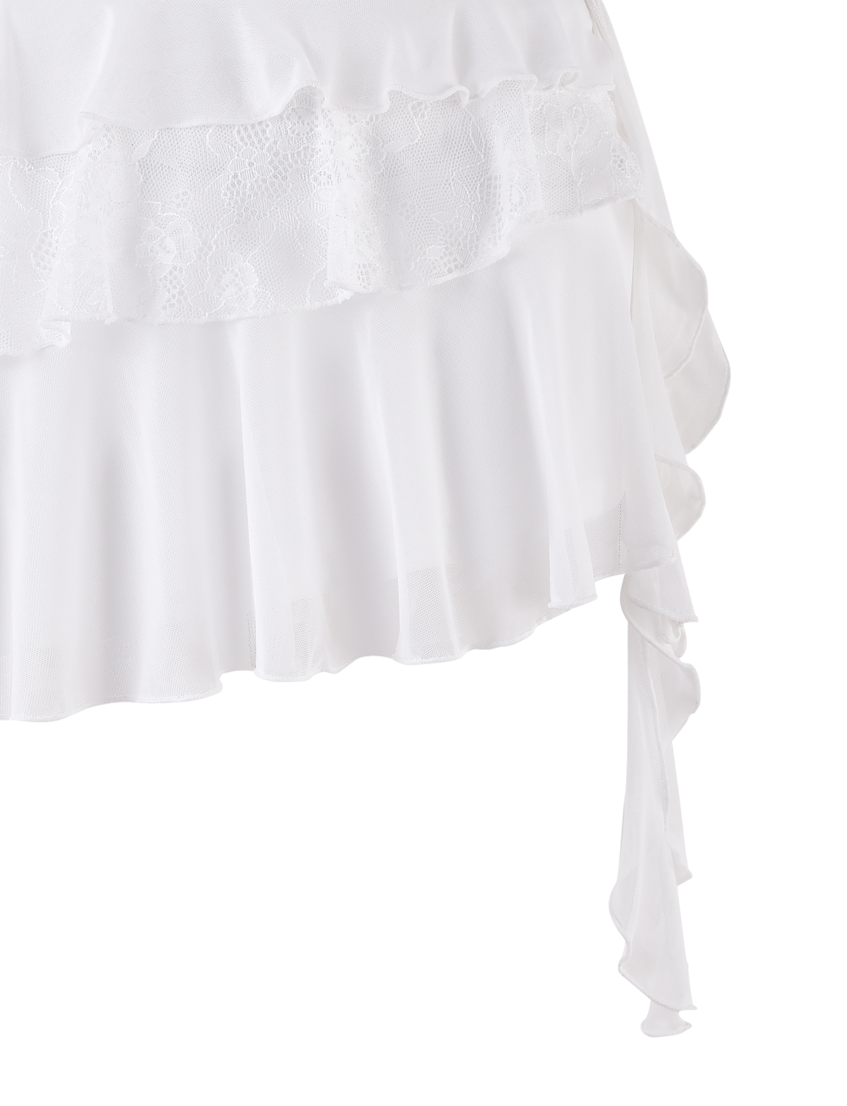 The AVALYN SKIRT - WHITE by TIGERMIST features white ruffled fabric with lace trim and flowing layers, styled like a mesh frill mini skirt, shown against a plain background.