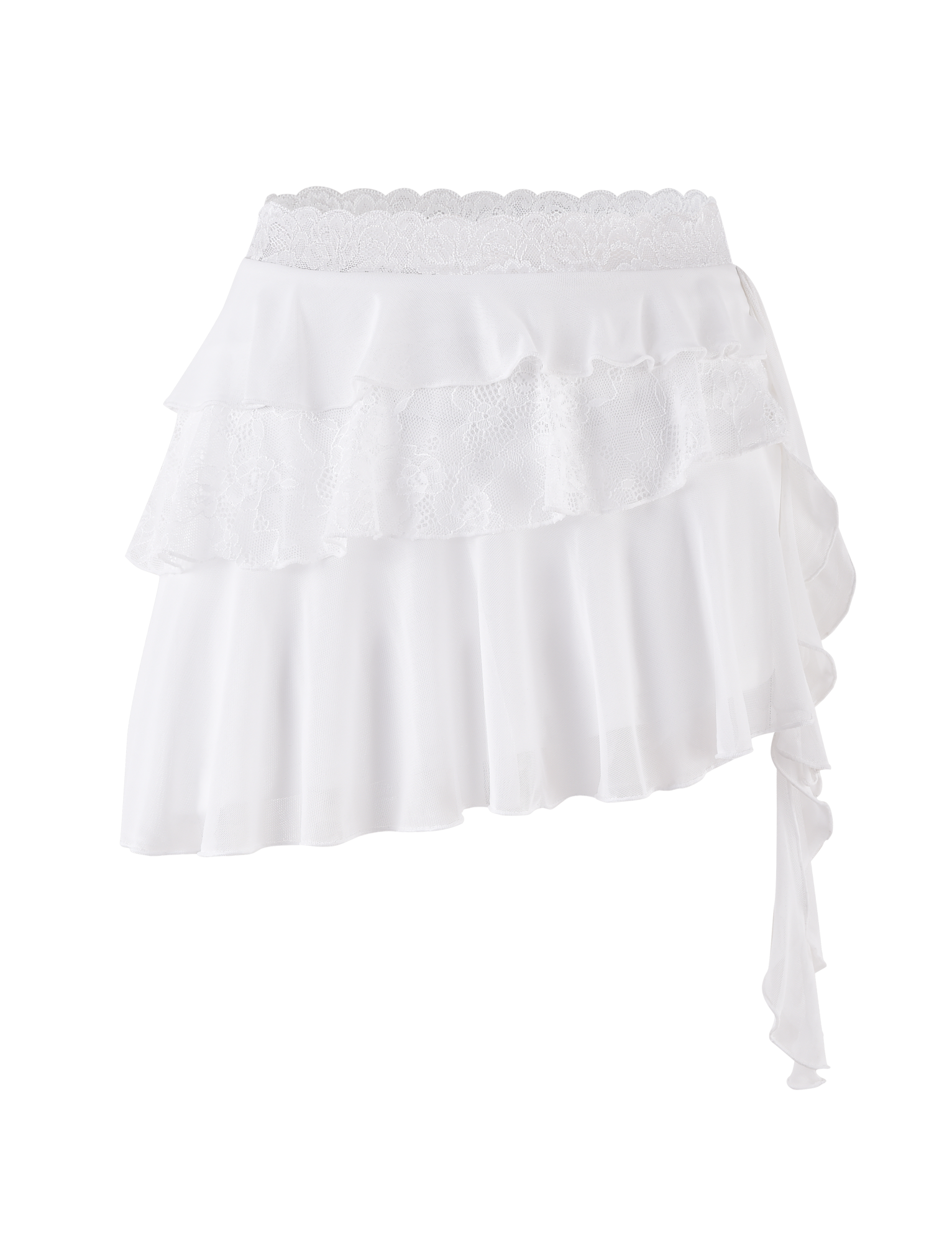 The AVALYN SKIRT - WHITE by TIGERMIST is an asymmetrical mesh mini skirt with layered sheer and lace ruffles, a delicate lace waistband, and a side tie detail.