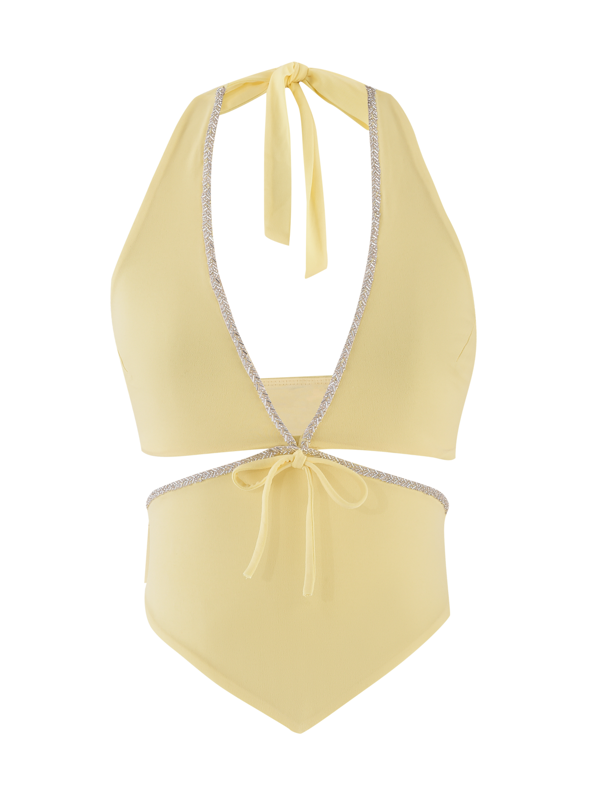 The LIZZIE TOP - LEMON by TIGERMIST is a light yellow halter-neck one-piece with a deep V neckline, silver beaded trim, cut-out details, and a matching yellow waist tie.